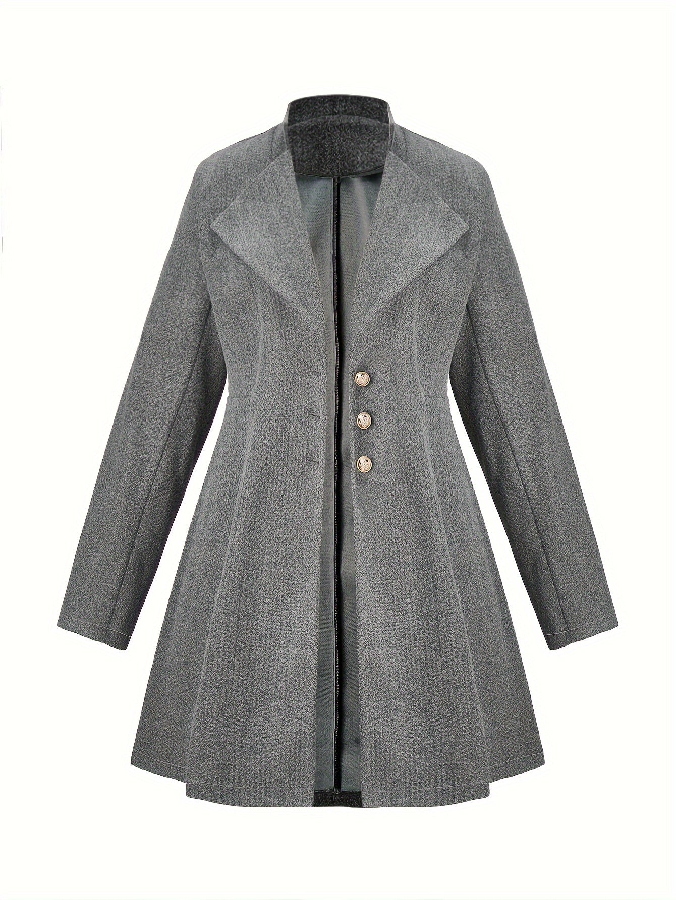 Plus Size Casual Coat, Women's Plus Solid Long Sleeve Button Up Lapel Collar Nipped Waist Tunic Woolen Coat
