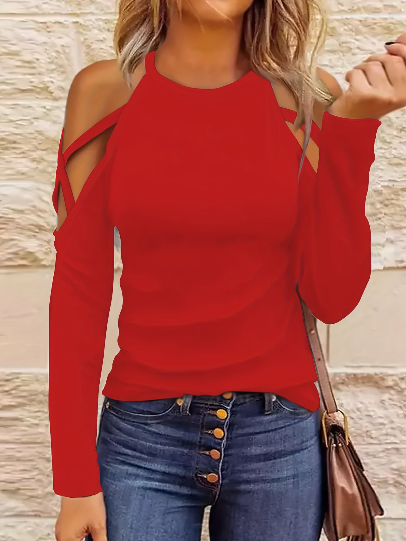 gbolsos Solid Cold Shoulder Crew Neck T-Shirt, Casual Long Sleeve Top For Spring & Fall, Women's Clothing