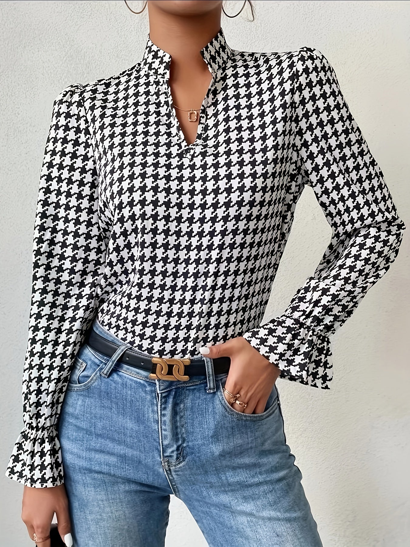 gbolsos Houndstooth Print Notch Neck Blouse, Elegant Ruffle Trim Lantern Sleeve Blouse For Spring & Fall, Women's Clothing