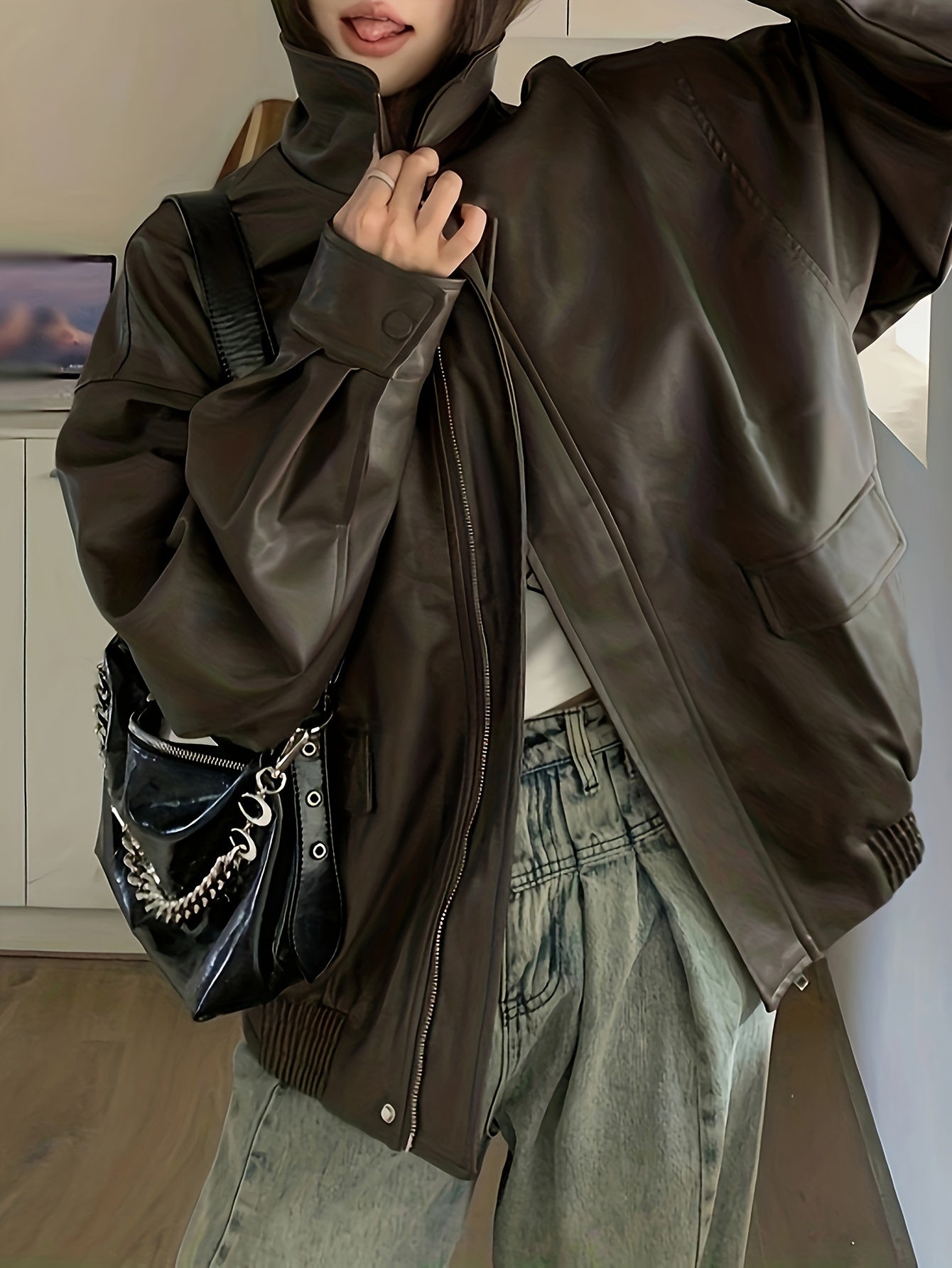 gbolsos Solid Faux Leather Zipper Jacket, Vintage Oversized Long Sleeve Outwear For Fall & Winter, Women's Clothing