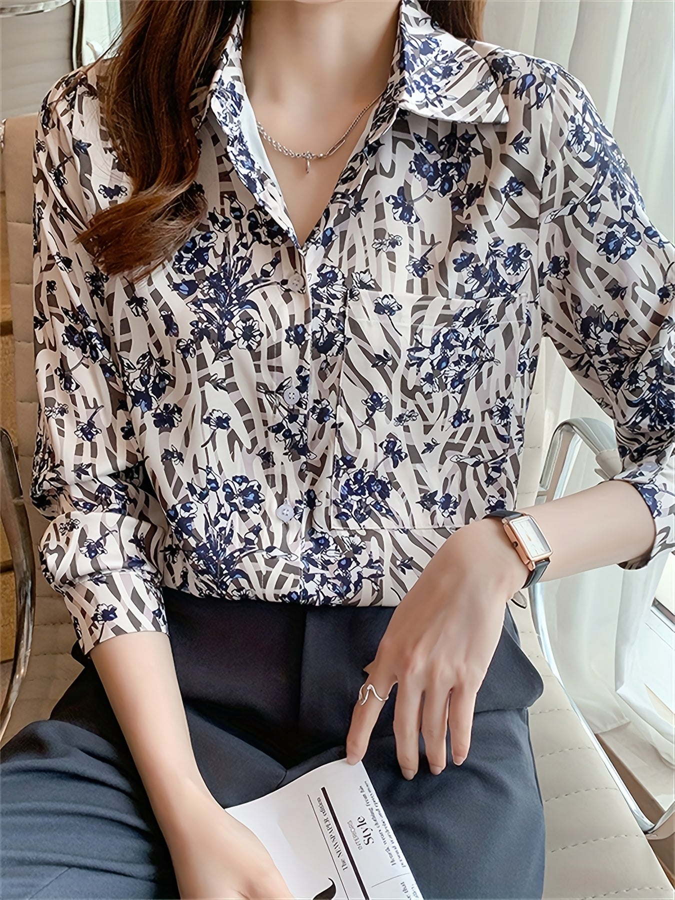Floral Print Shirt, Vintage Button Front Long Sleeve Shirt, Women's Clothing
