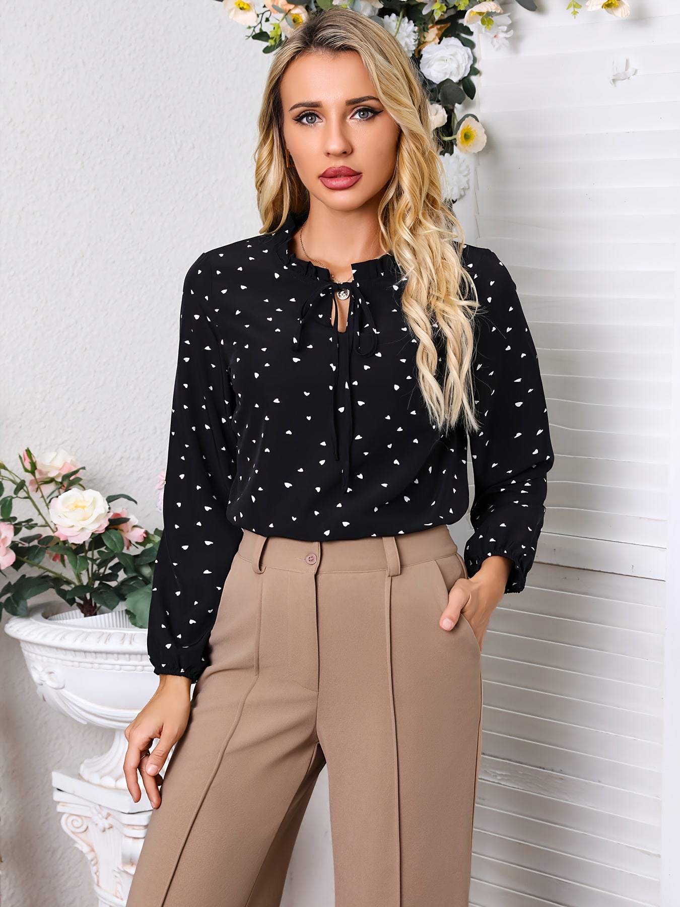 gbolsos Confetti Heart Print Blouse, Elegant Tie Front Long Sleeve Blouse, Women's Clothing