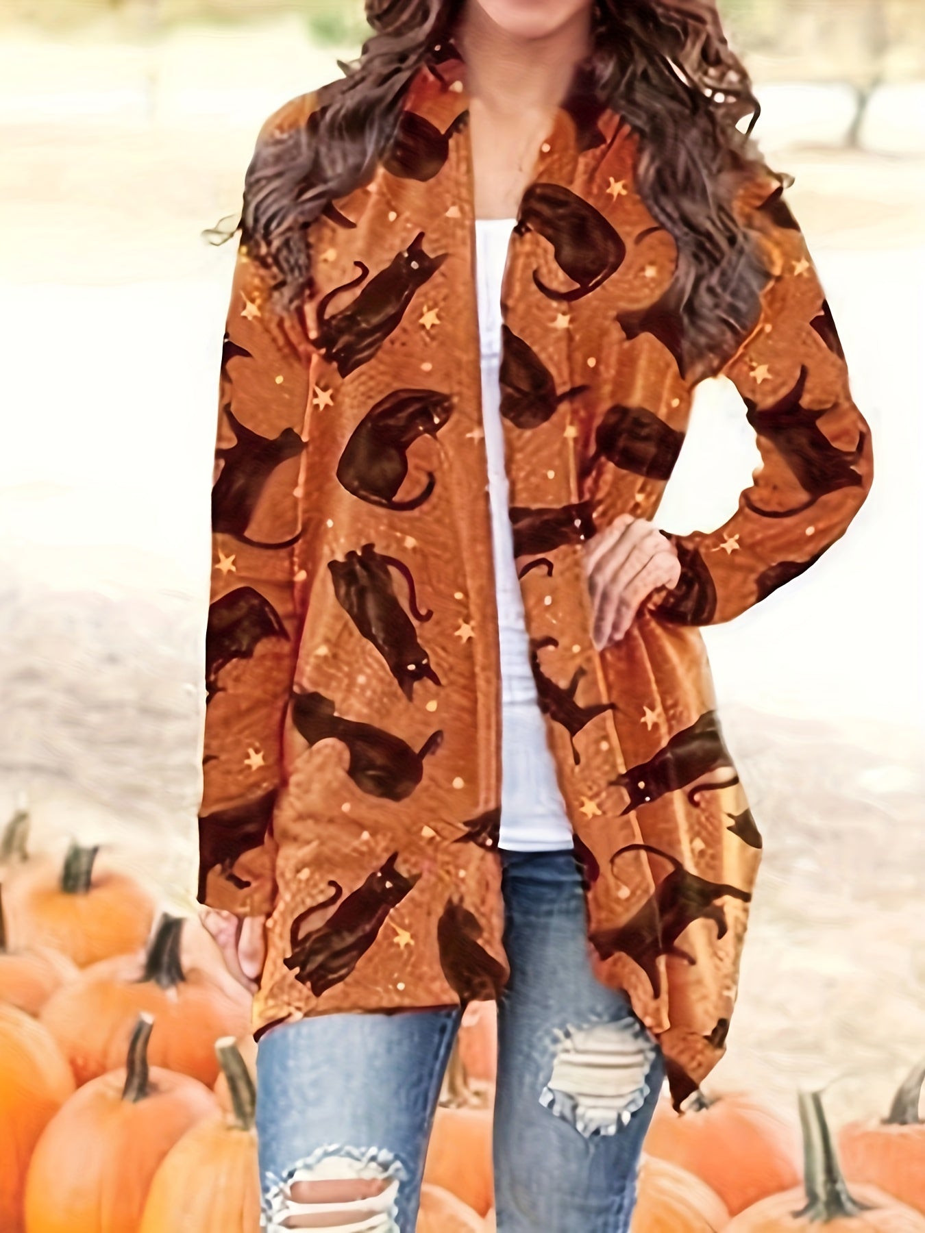 gbolsos Halloween Allover Print Cardigan, Open Front Long Sleeve Cardigan For Spring & Fall, Women's Clothing