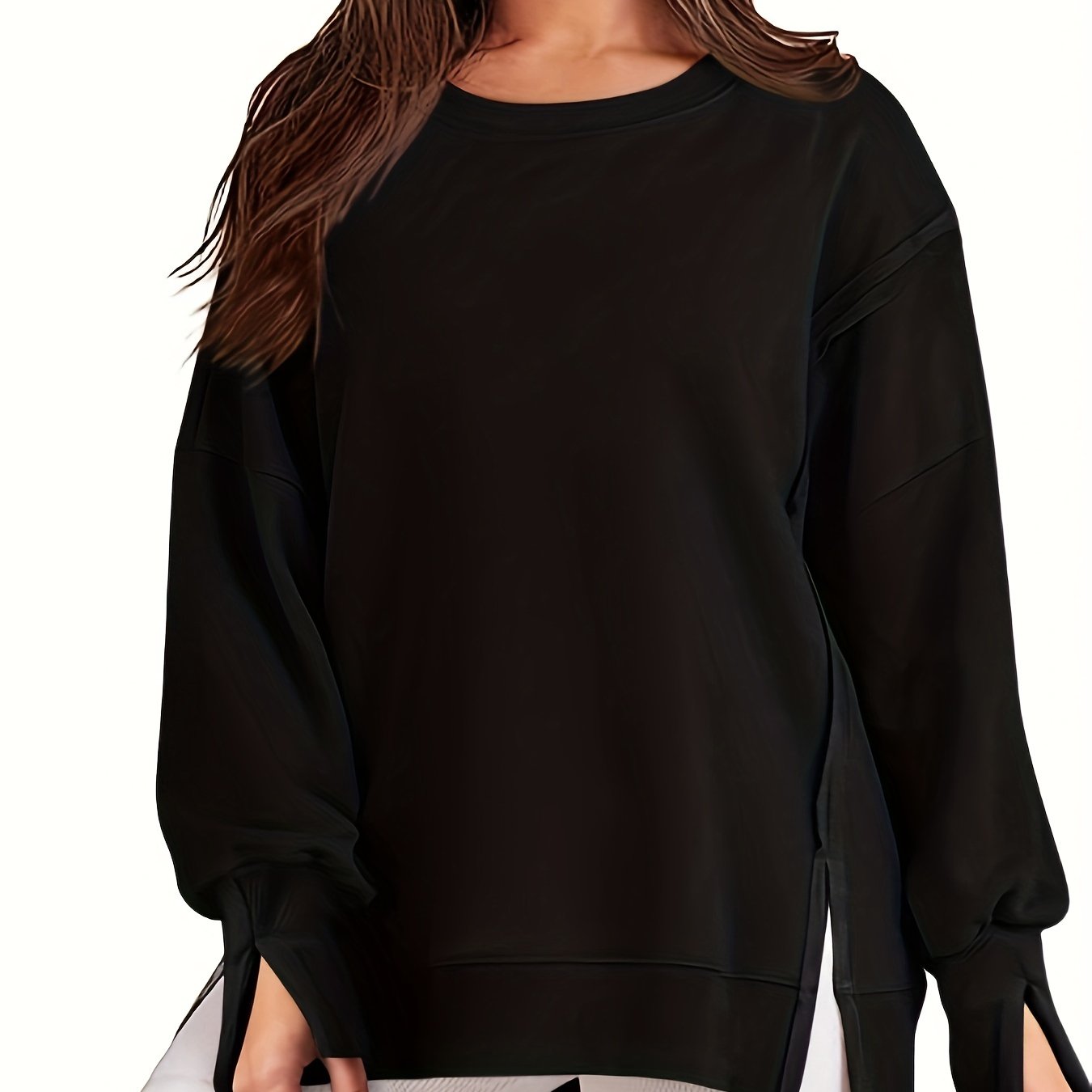 Top-stitching Dipped Hem Pullover Sweatshirt, Casual Long Sleeve Crew Neck Sweatshirt For Fall & Winter, Women's Clothing