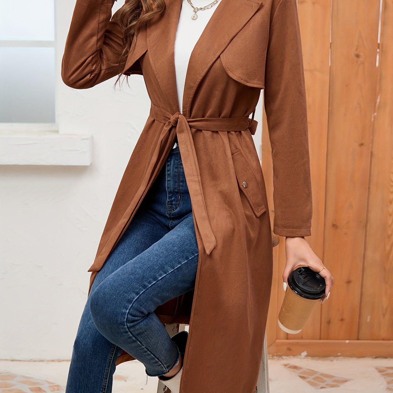 Comfy Belted Trench Coat, Elegant Lapel Neck Long Sleeve Coat, Women's Clothing