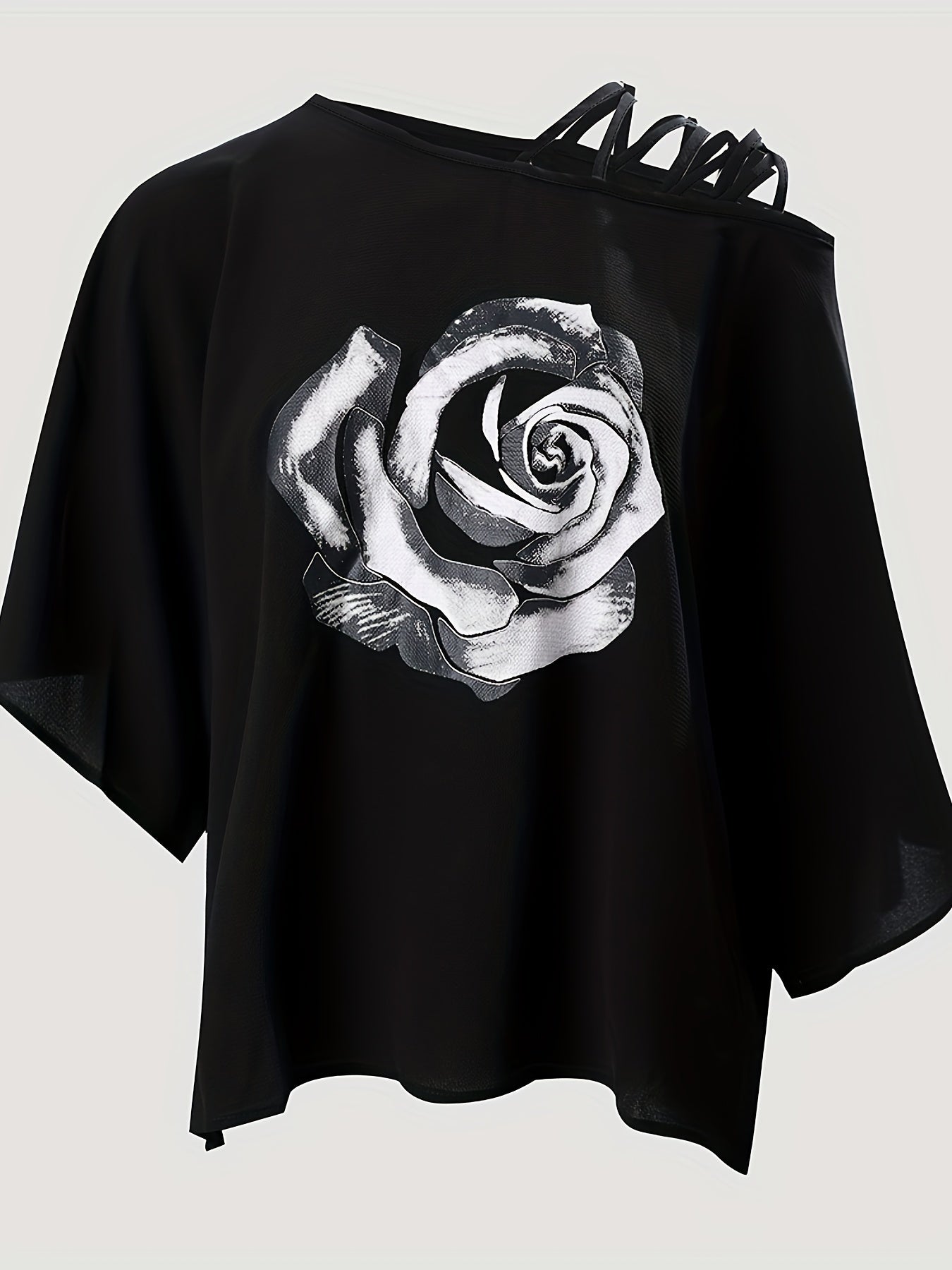 Plus Size Casual Top, Women's Plus Rose Print Criss Cross One Shoulder Slight Stretch Top