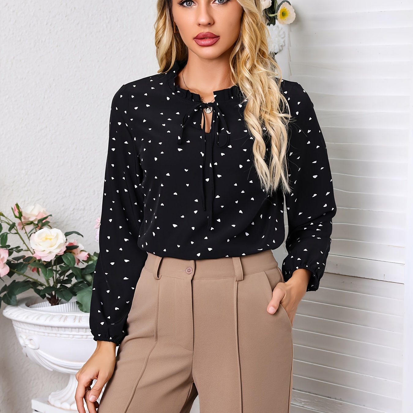 gbolsos Confetti Heart Print Blouse, Elegant Tie Front Long Sleeve Blouse, Women's Clothing