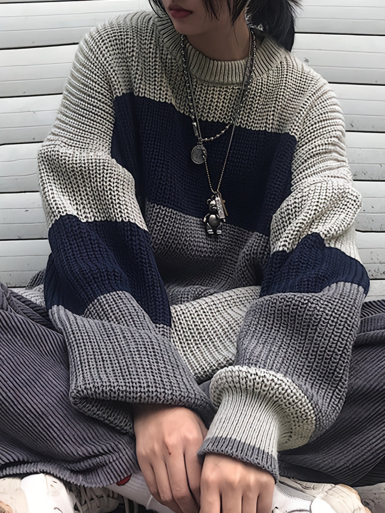 gbolsos Color Block Crew Neck Pullover Sweater, Vintage Long Sleeve Oversized Slouchy Sweater, Women's Clothing