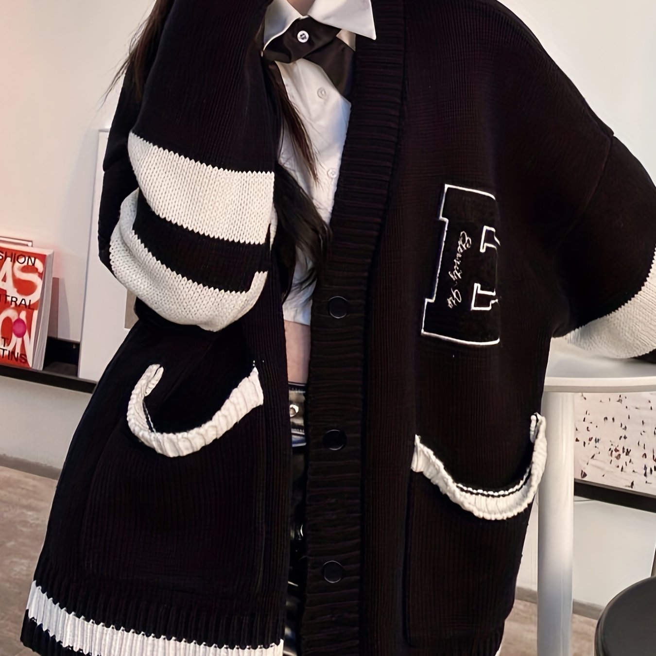 B Pattern Button Up Cardigan, Preppy Long Sleeve Pocket Cardigan For Fall & Winter, Women's Clothing