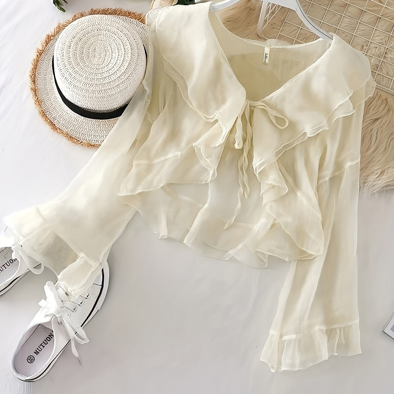 gbolsos Ruffle Layered Blouse, Elegant Tie Front Long Flared Sleeve Blouse, Women's Clothing