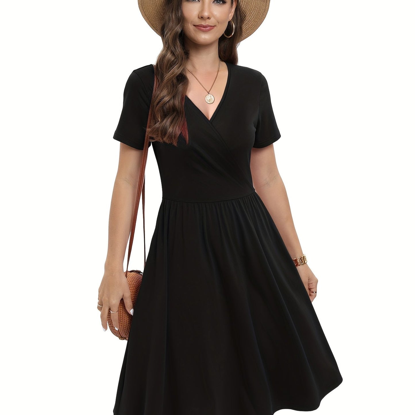 A-line Solid V Neck Dress, Casual Short Sleeve Dress For Spring & Summer, Women's Clothing
