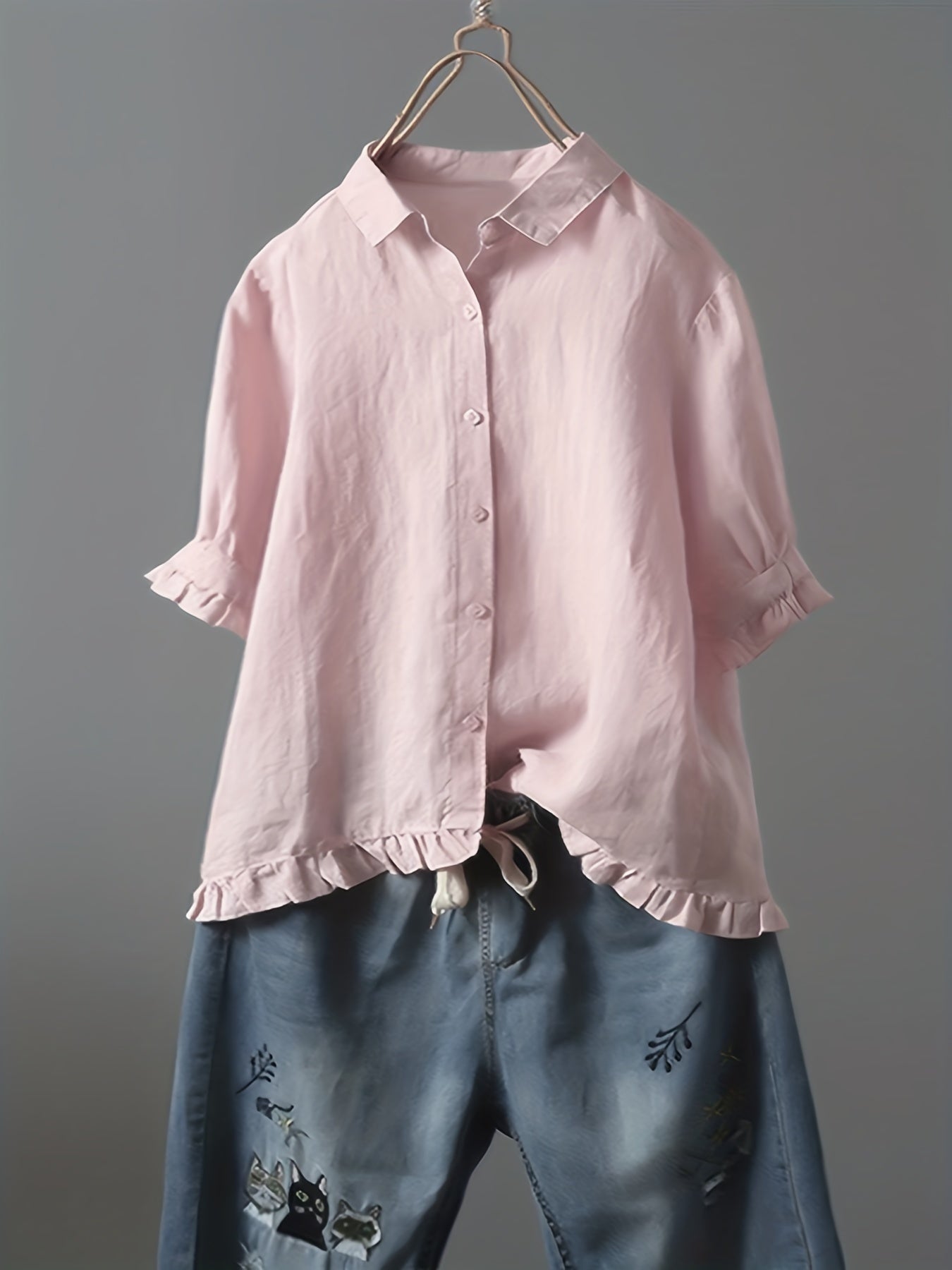 Solid Ruffle Trim 3/4 Sleeve T-Shirt, Casual All-Seasons Tops, Women's Clothing