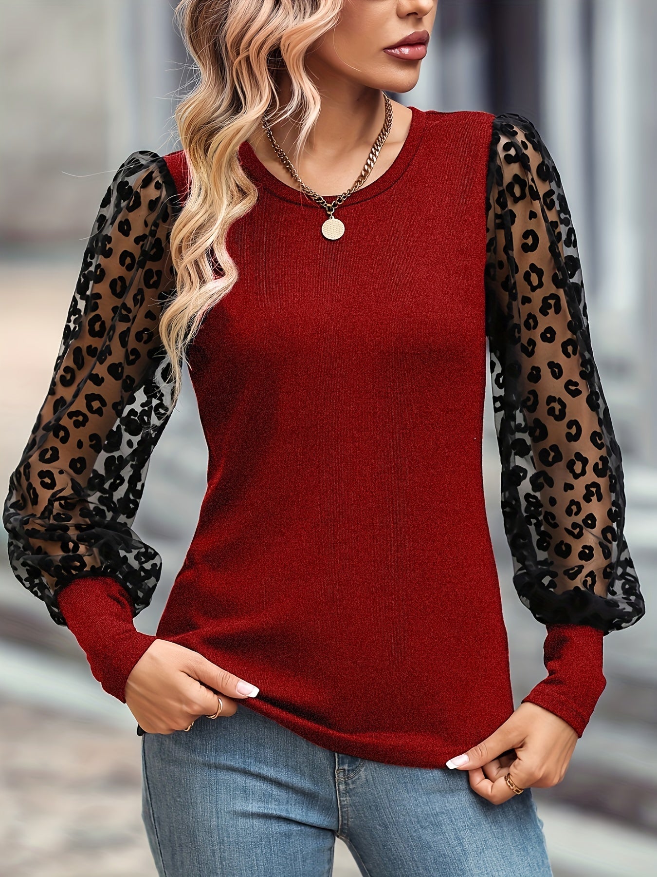 kkboxly Solid Color Lace Patchwork Ballon Sleeve Ribbed Knit Tops, Elegant Everyday Blouse, Women's Clothing
