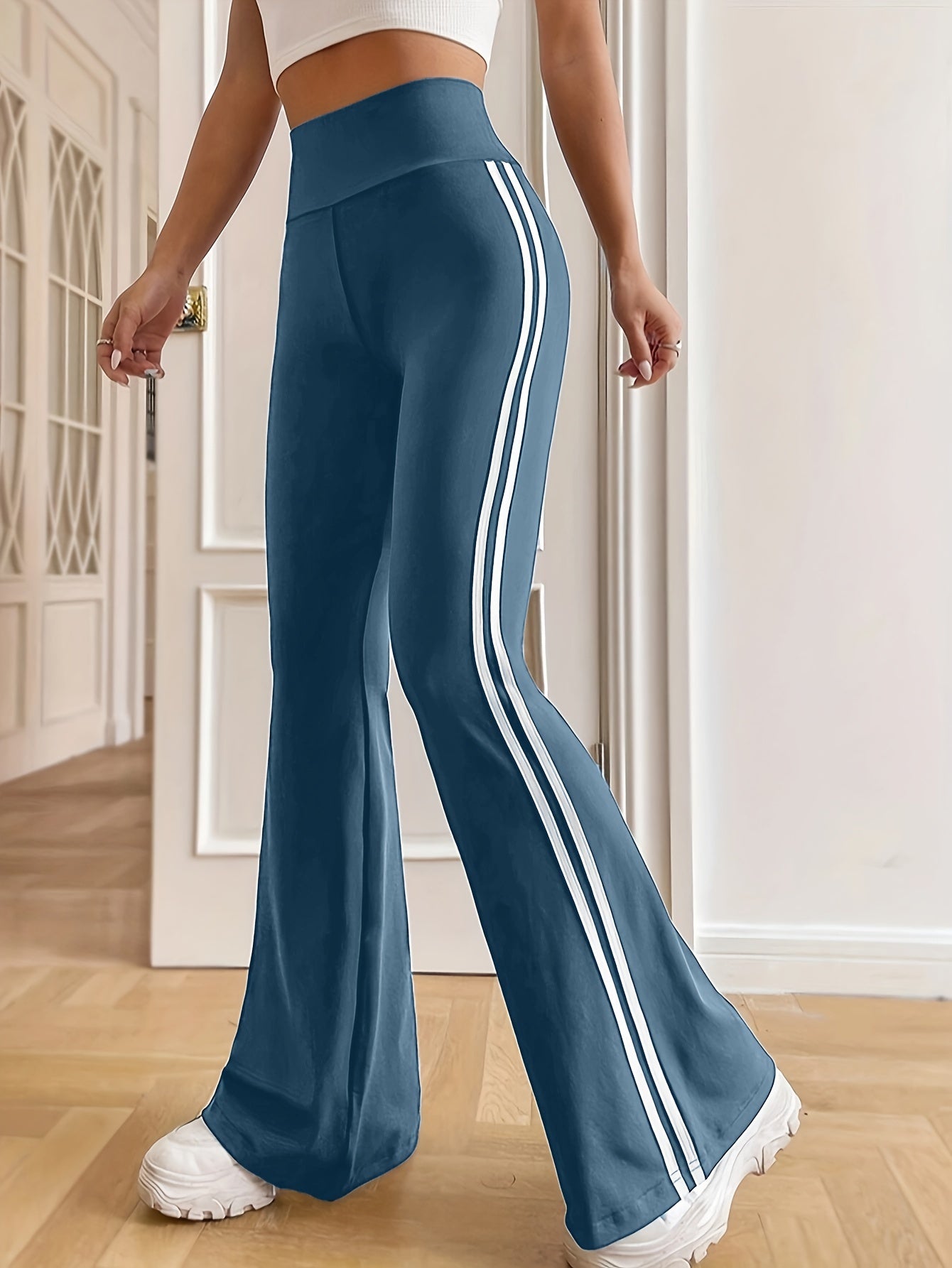Side Striped Flare Leg Pants, Casual High Waist Pants, Women's Clothing