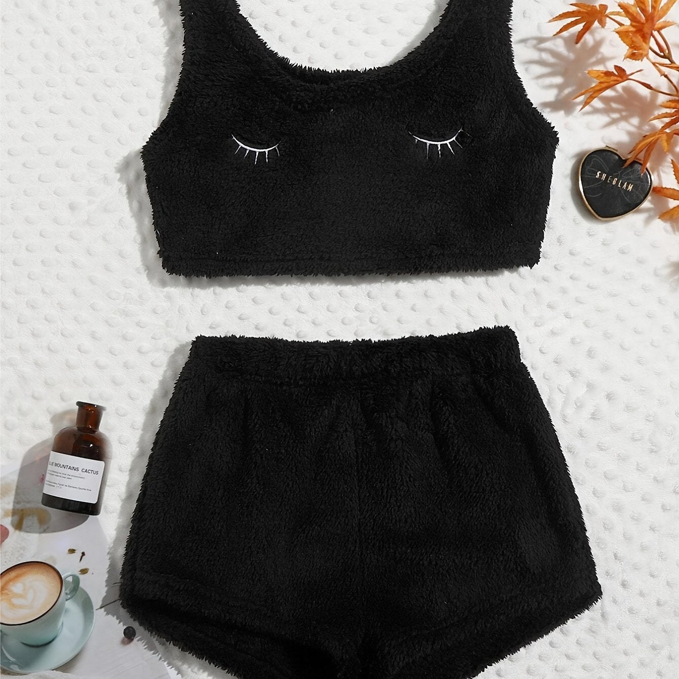 Fluffy Comfortable Pajamas Set, Crop Tank Sleeveless Top & Comfortable Shorts Loungewear Set For Valentine's Gifts, Women's Loungewear & Sleepwear