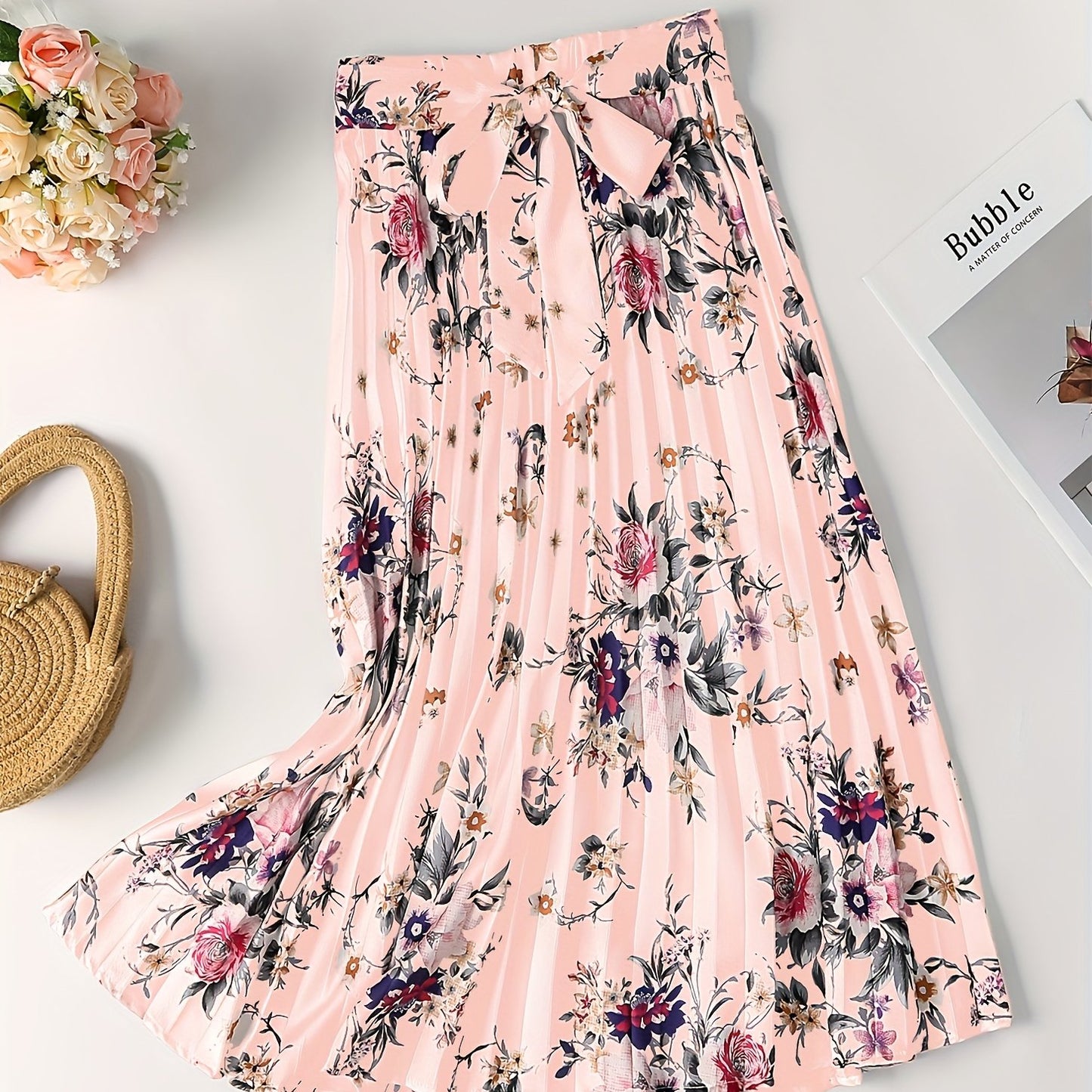Vintage Floral Print Skirts, Elegant Pleated Tie Waist Daily Skirts, Women's Clothing
