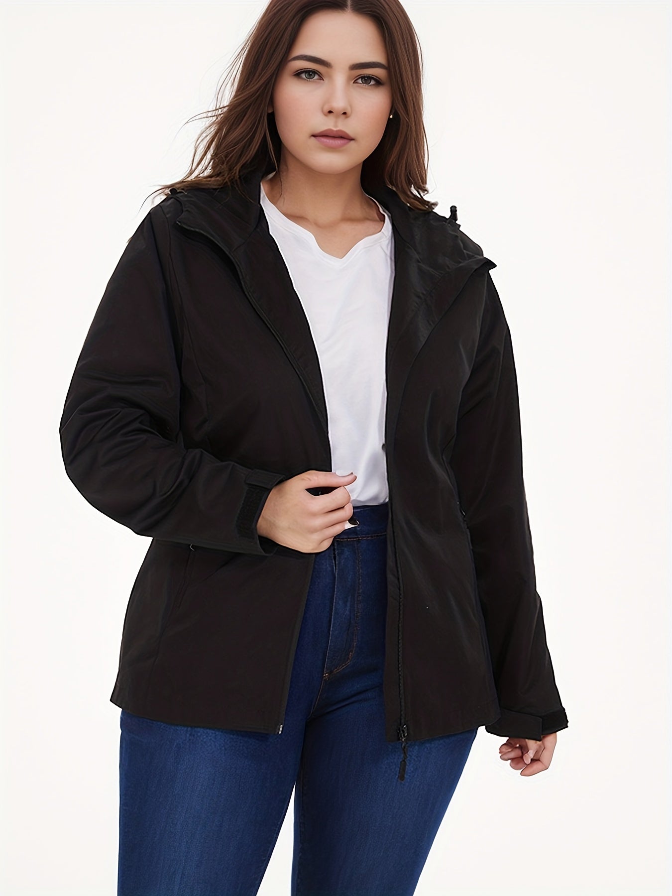 gbolsos Solid Zip Up Hooded Jacket, Casual Long Sleeve Versatile Outerwear, Women's Clothing
