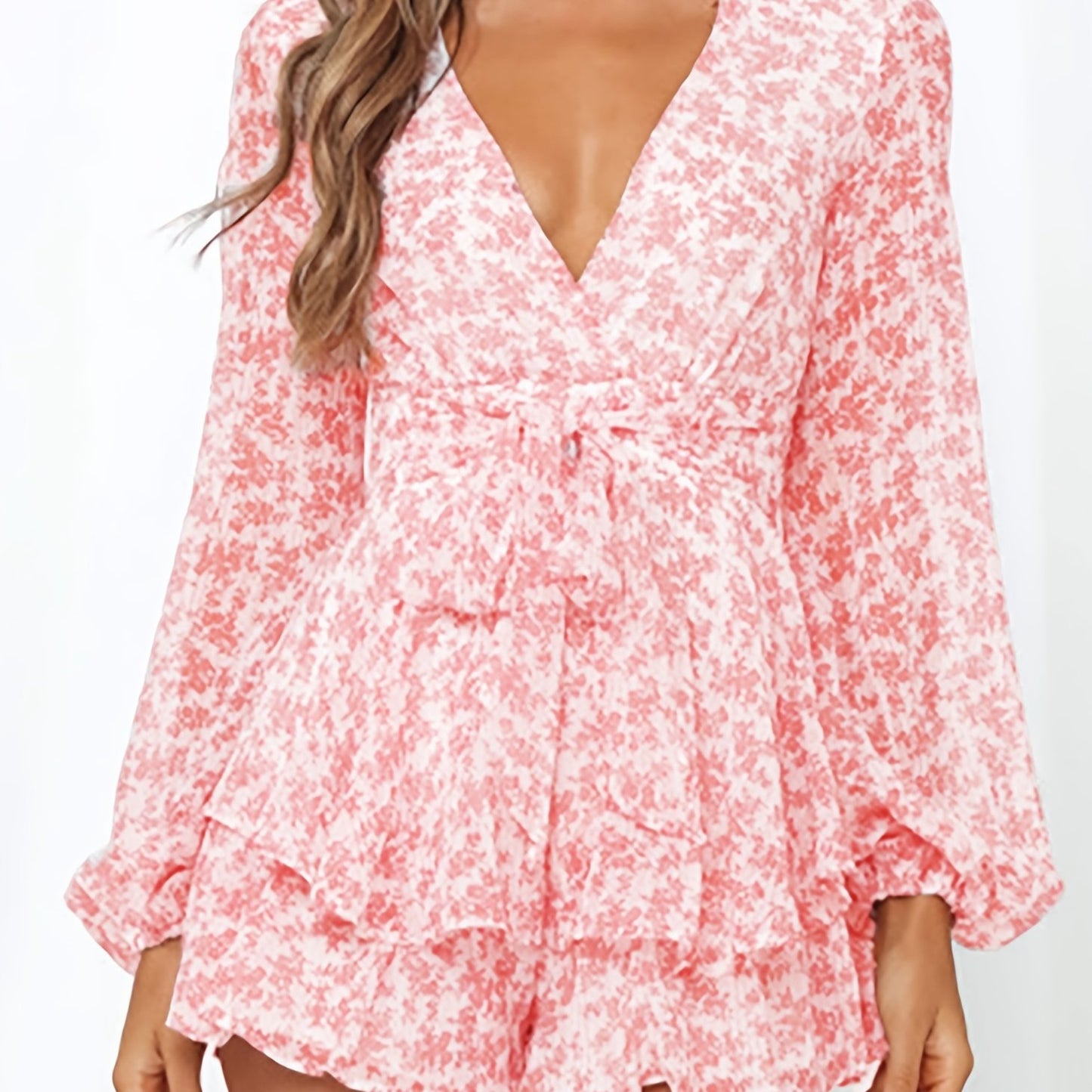 elveswallet Ladies Polka-dot V-neck Jumpsuits, Long Sleeve Ruffle Hem Romper Playsuit, Casual Every Day Romper, Women's Clothing