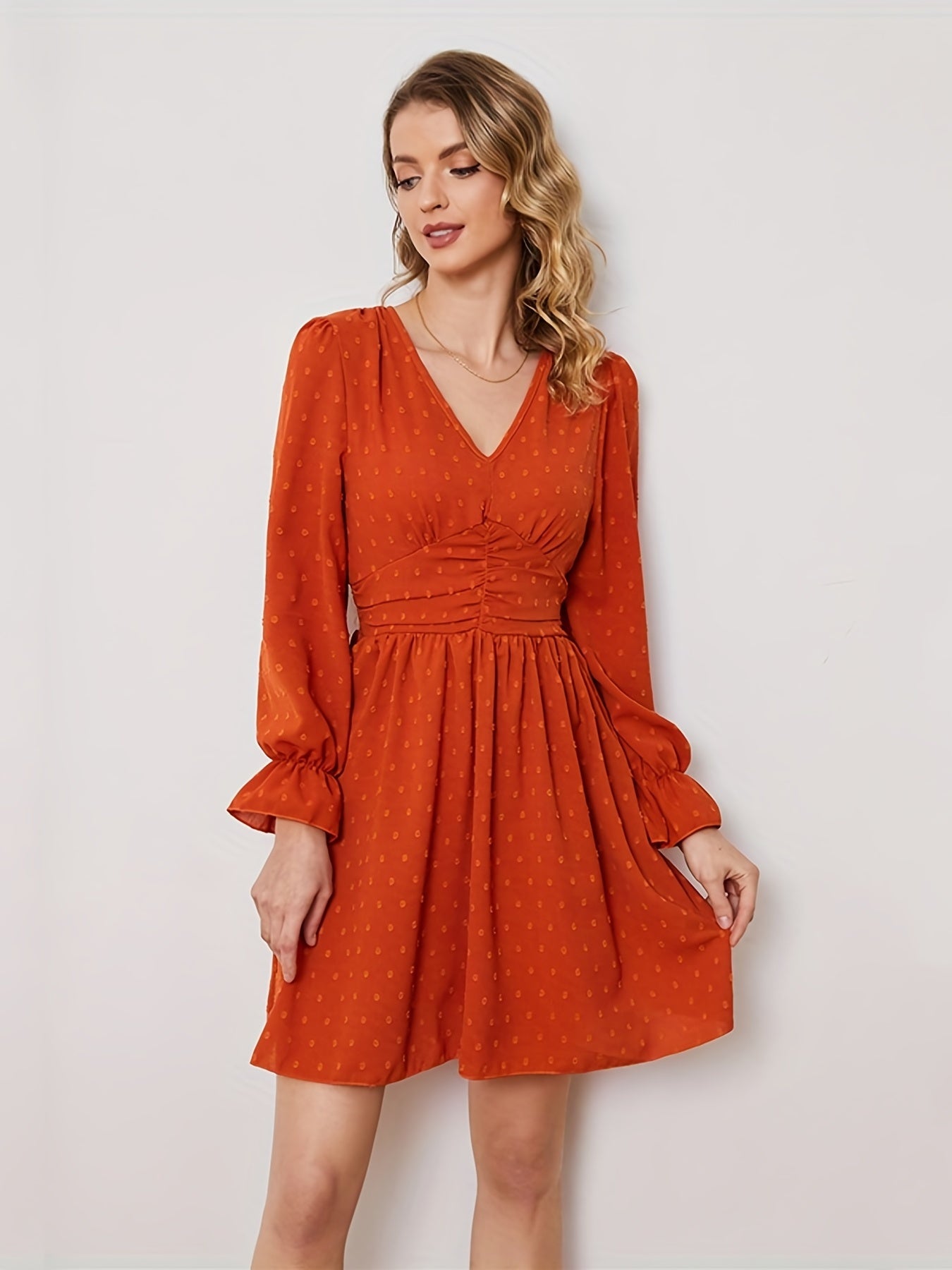 Polka Dot Ruched Dress, Casual Solid V Neck High Waist Long Sleeve Mini Dress, Women's Clothing