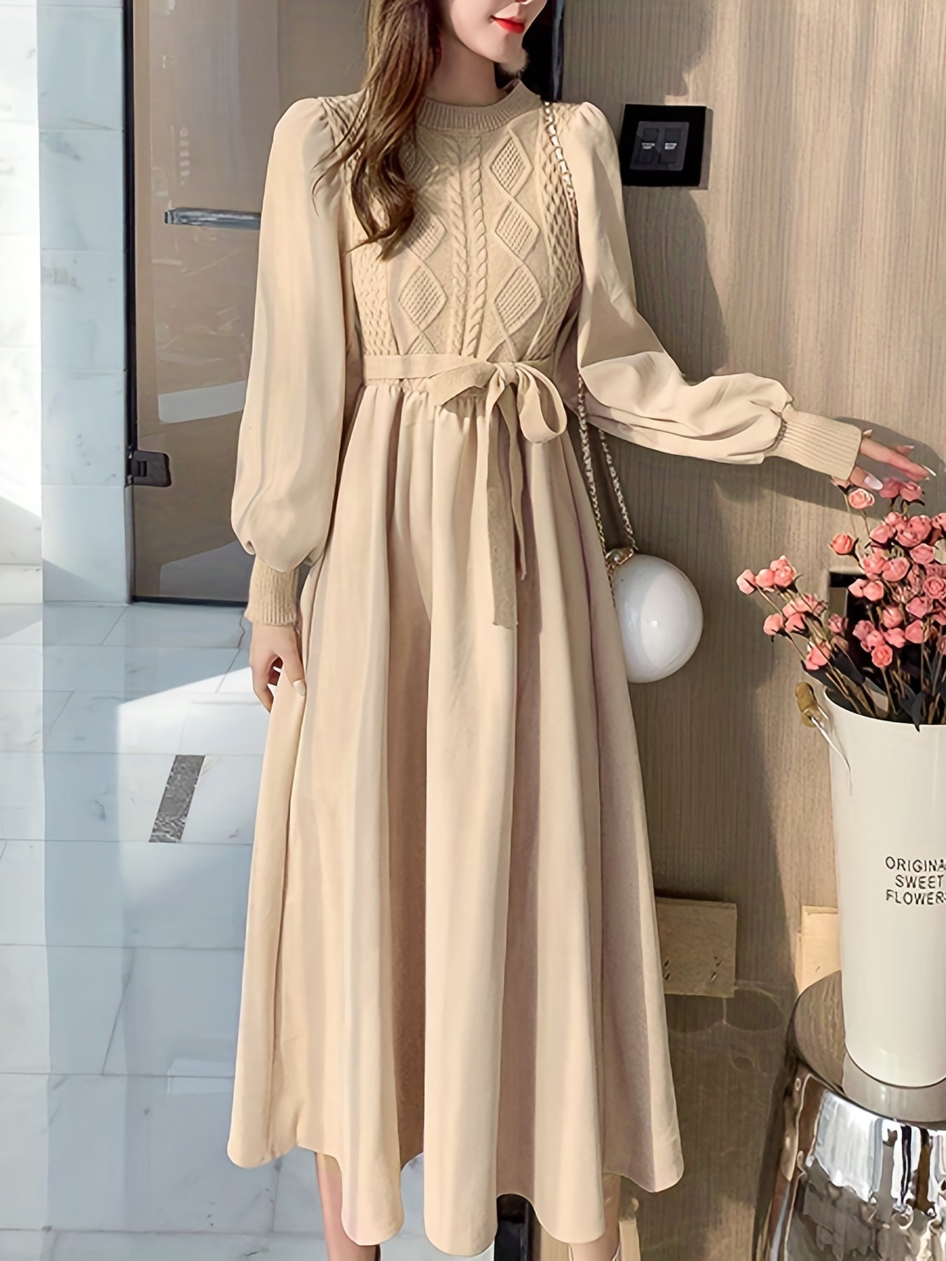 gbolsos Solid Knitted Dress, Elegant Crew Neck Long Sleeve Dress, Women's Clothing