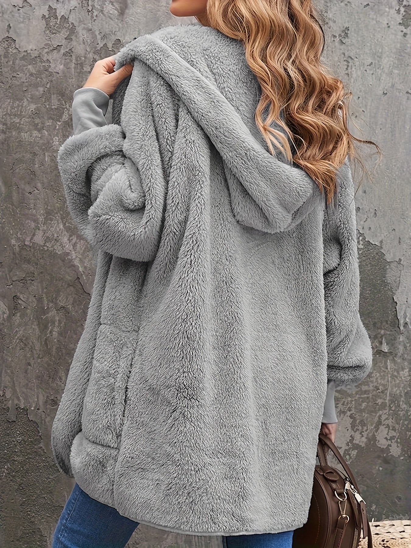 Plus Size Casual Faux Fur Coat, Women's Plus Solid Teddy Fleece Long Sleeve Open Front Hooded Tunic Coat