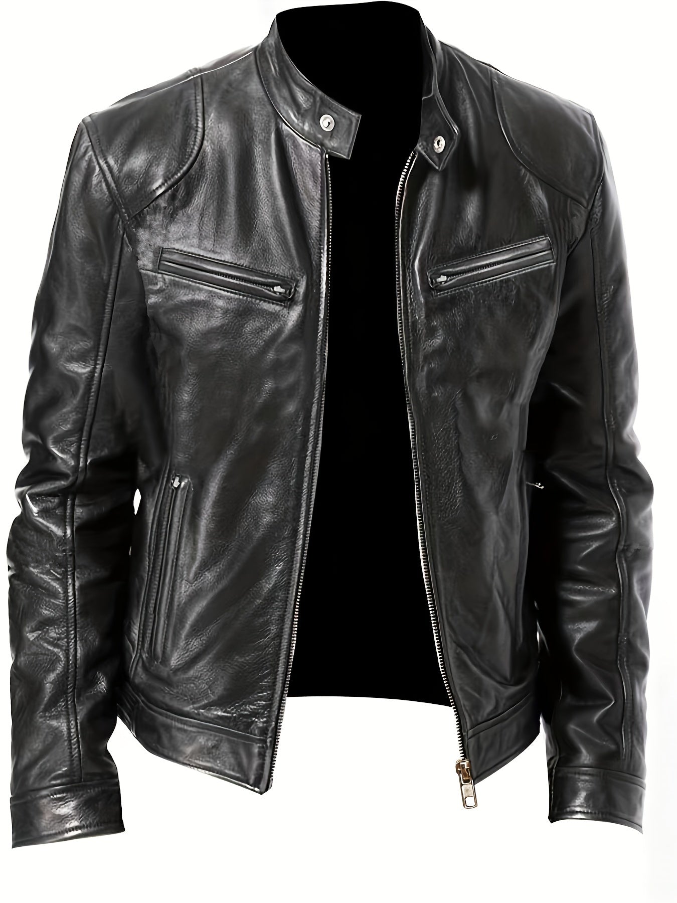 gbolsos Zipper Pockets PU Jacket, Men's Casual Solid Color Zip Up Stand Collar Faux Leather Jacket For Spring Fall