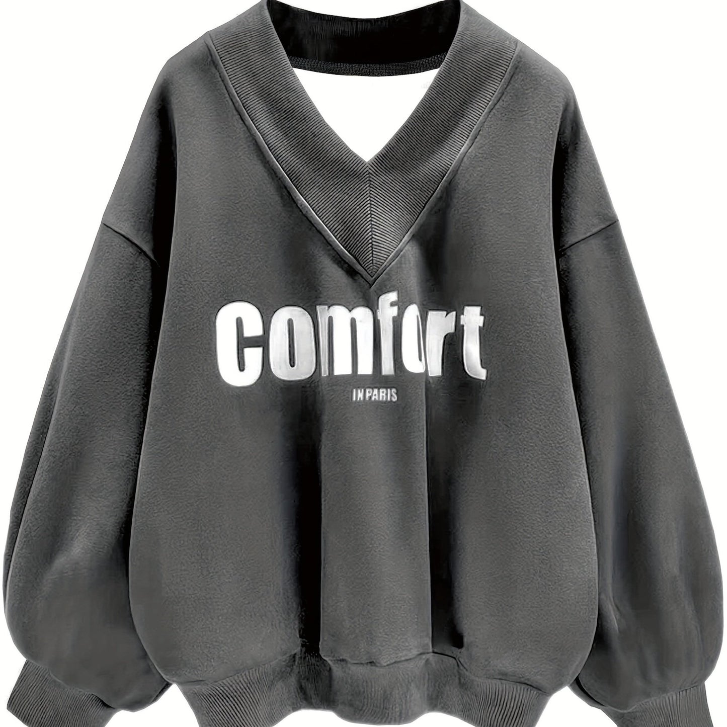 gbolsos Letter Graphic Print Sweatshirt, Long Sleeve V Neck Pullover Sweatshirt, Casual Tops For Fall & Winter, Women's Clothing