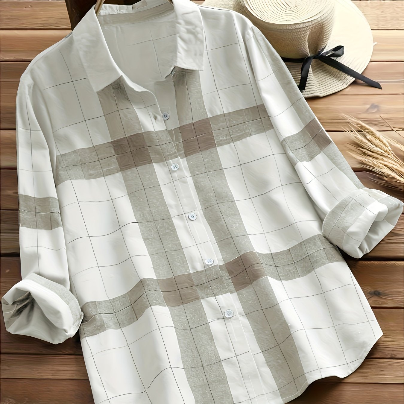 Plaid Print Shirt, Casual Button Front Long Sleeve Collar Shirt, Women's Clothing