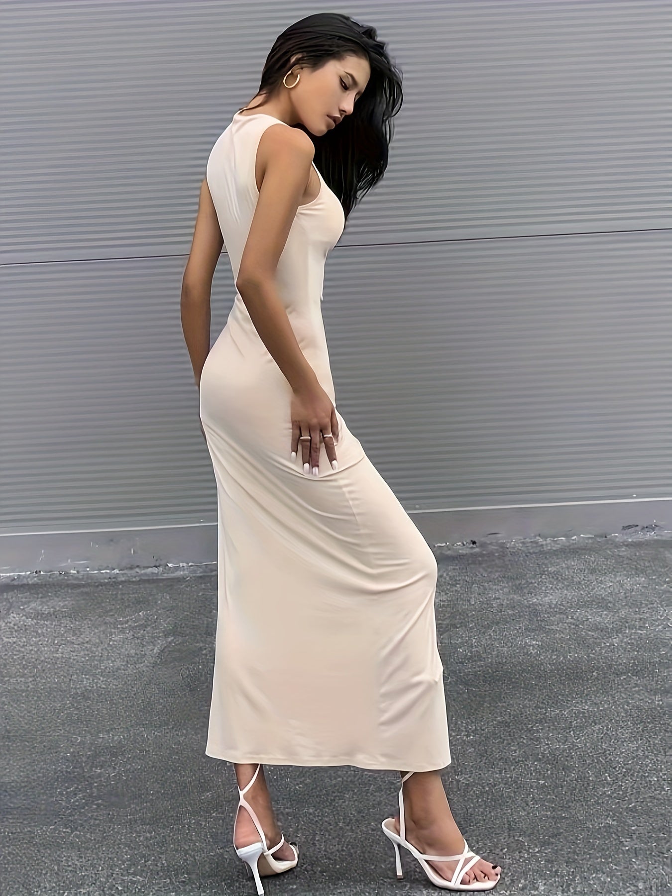 Split Hem Ruched Tank Dress, Stylish Crew Neck Maxi Length Slim Dress, Women's Clothing