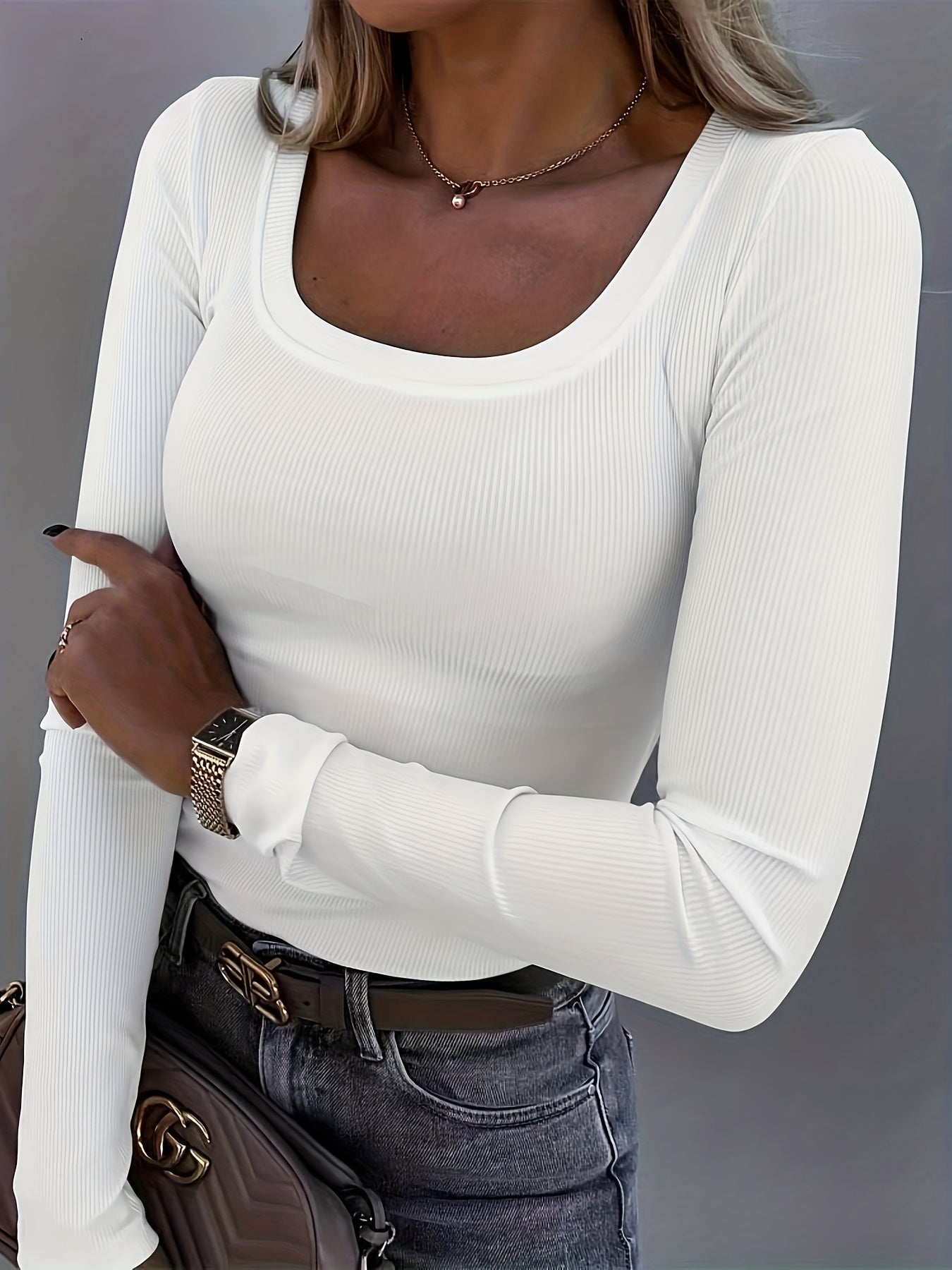 gbolsos Ribbed Crew Neck T-Shirt, Casual Slim Long Sleeve Top For Spring & Fall, Women's Clothing