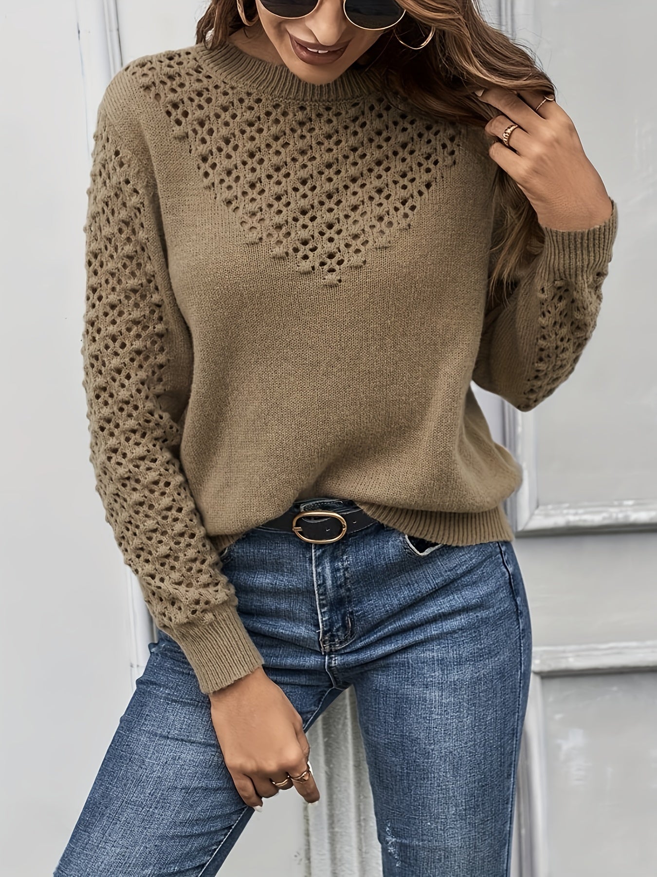 gbolsos Eyelet Solid Knit Sweater, Casual Crew Neck Long Sleeve Sweater, Women's Clothing