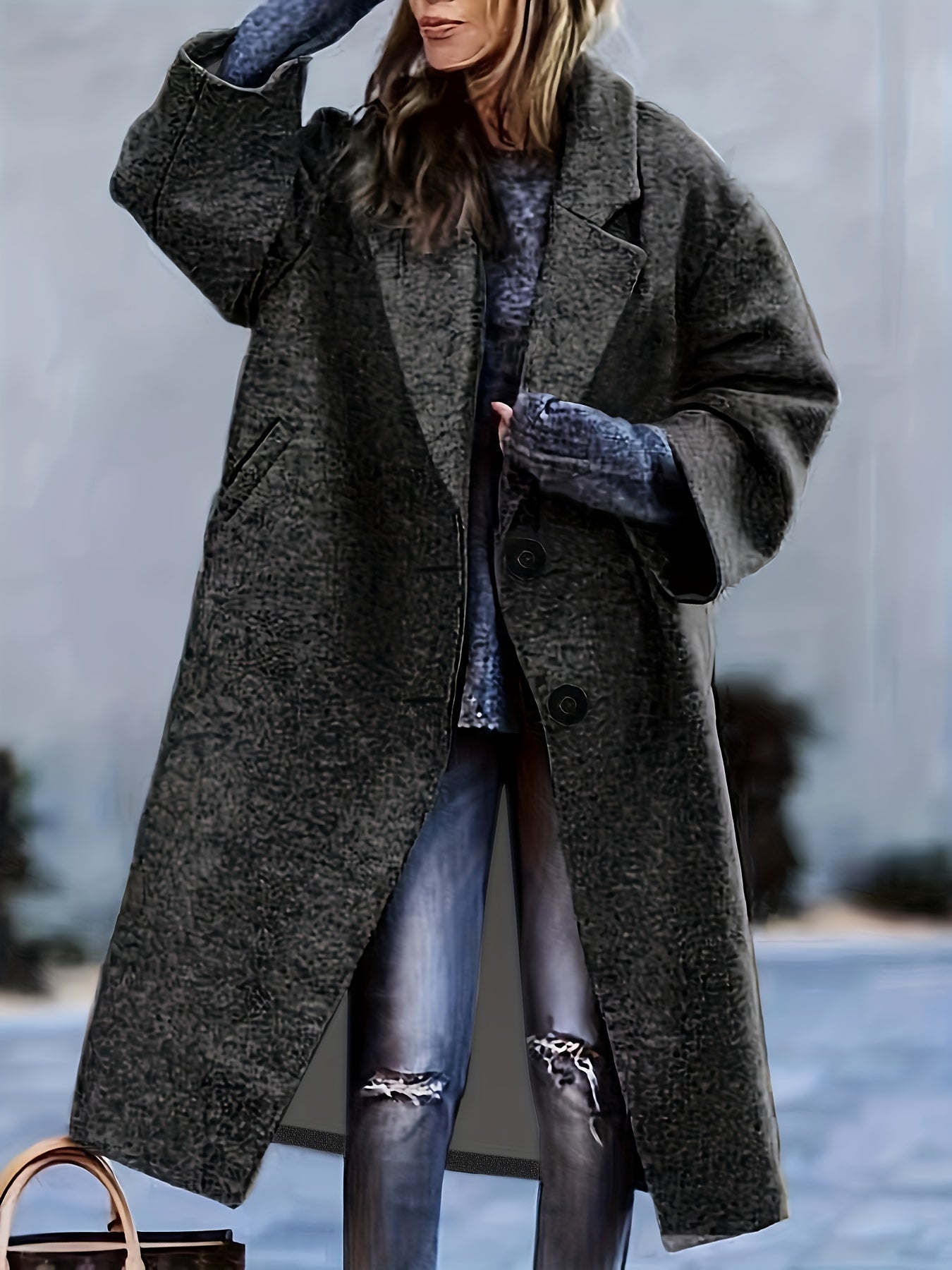 Plus Size Casual Coat, Women's Plus Solid Button Up Long Sleeve Lapel Collar Long Coat