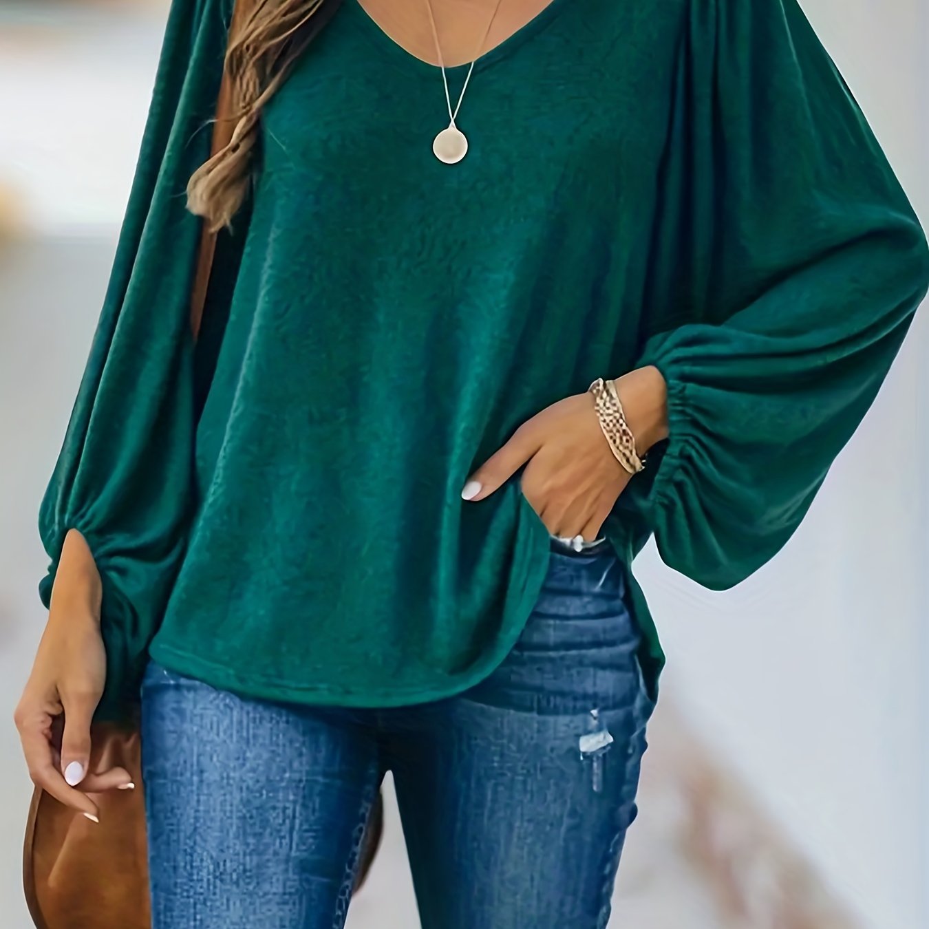 solvbao Plus Size Casual Top, Women's Plus Solid Lantern Sleeve Round Neck Medium Stretch Top