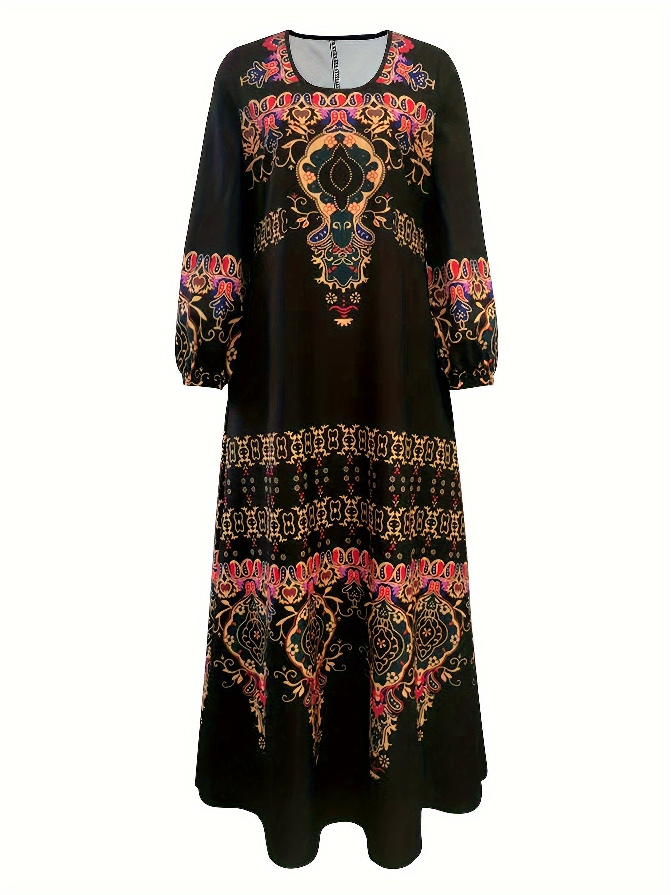 gbolsos Ethnic Print Lantern Sleeve Dress, Casual Crew Neck Dress For Spring & Fall, Women's Clothing
