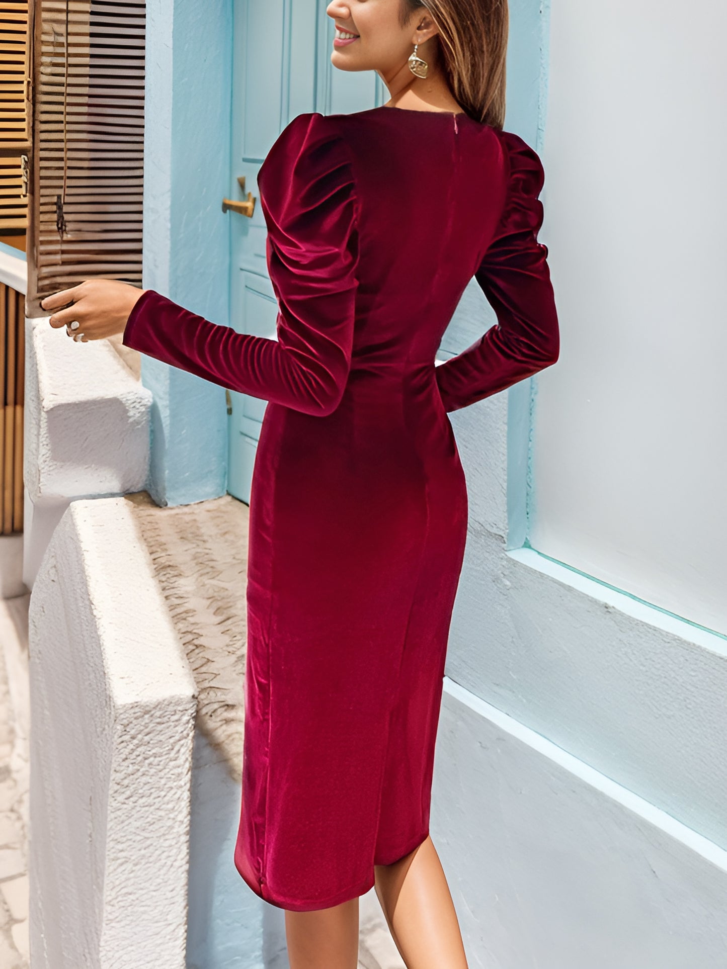 gbolsos Solid V-neck Velvet Dress, Elegant Puff Sleeve Bodycon Dress For Spring & Fall, Women's Clothing
