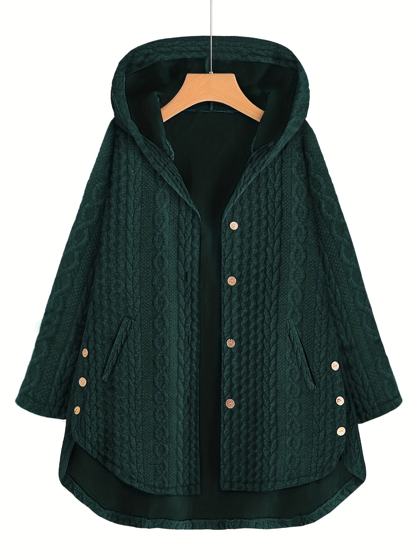 gbolsos Slant Pocket Hooded Coat, Casual Long Sleeve Button Thermal Coat, Women's Clothing