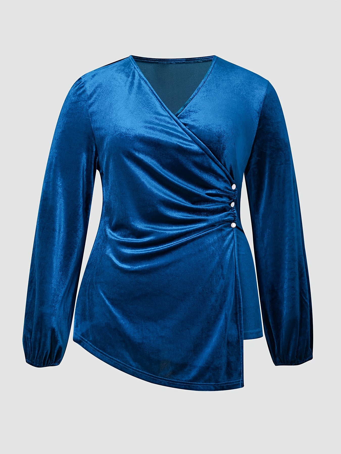 gbolsos Plus Size Solid Velvet Top, Casual Asymmetrical Hem V Neck Long Sleeve Top, Women's Plus Size Clothing