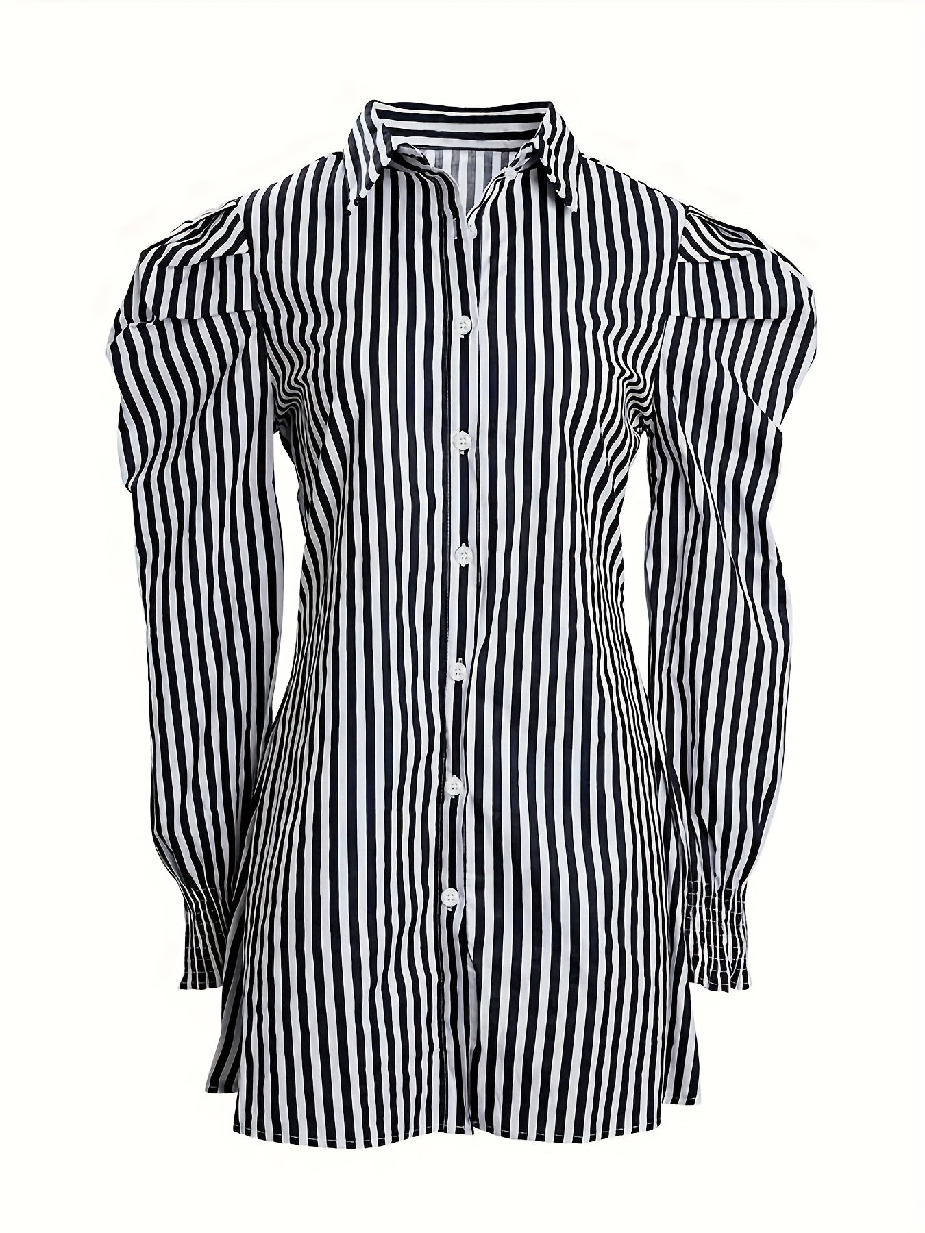 gbolsos Striped Print Mini Dress, Casual Button Front Puff Long Sleeve Dress, Women's Clothing