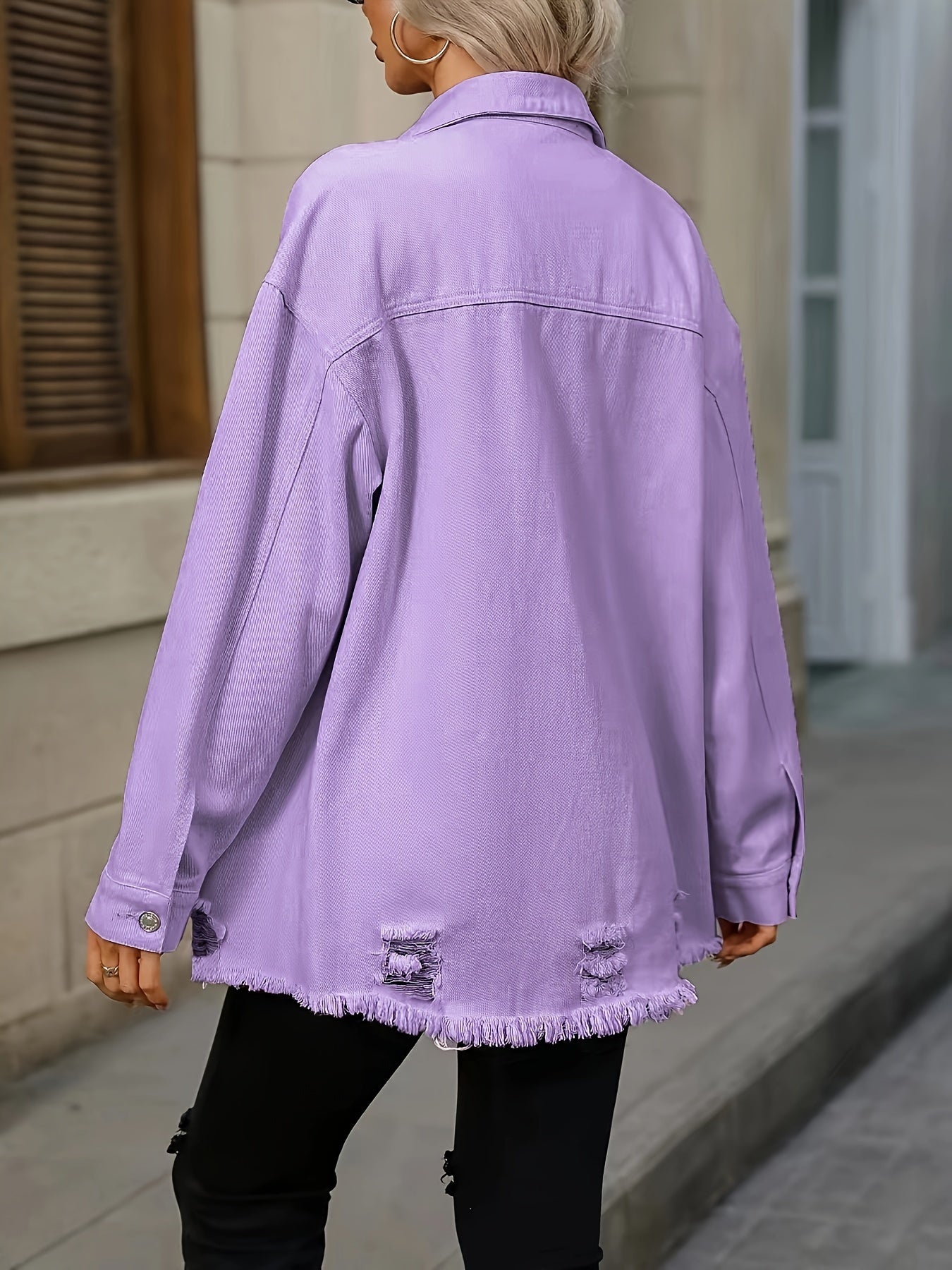 Dark Blue Raw Hem Denim Jackets, Long Sleeves Ripped Holes Flap Pockets Lapel Denim Coats, Women's Denim Clothing
