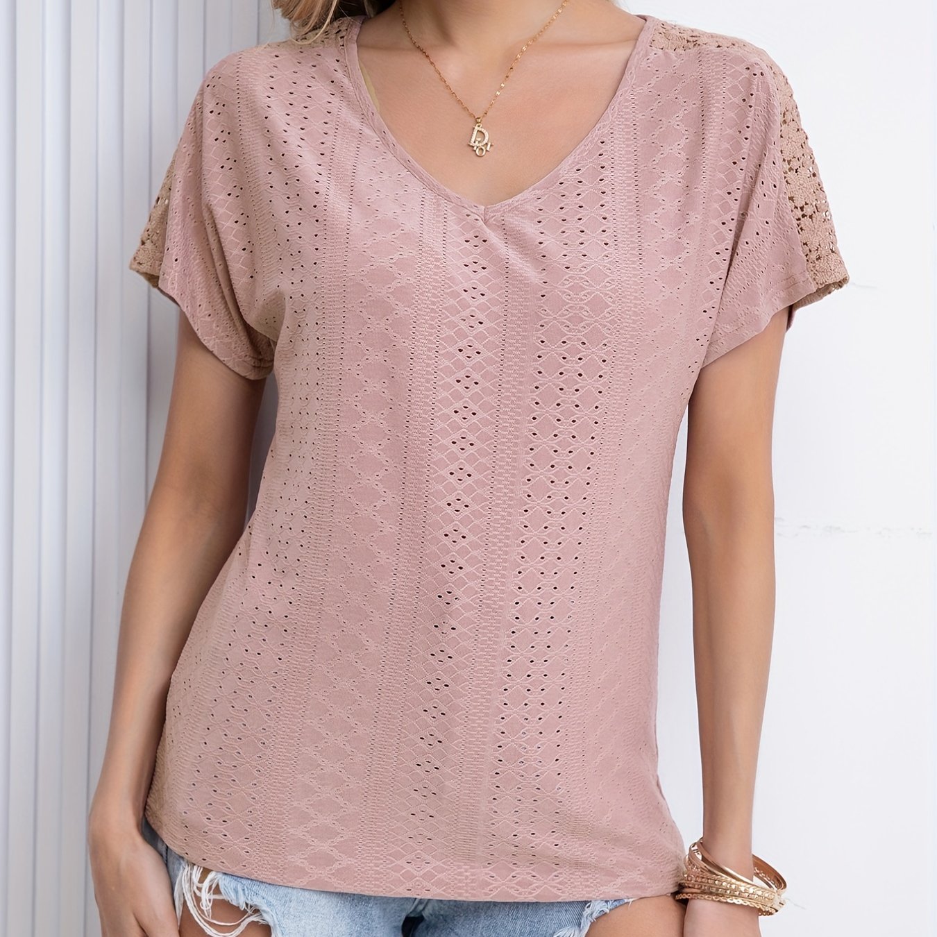gbolsos V Neck Eyelet T-Shirt, Solid Short Sleeve Casual Top For Summer & Spring, Women's Clothing