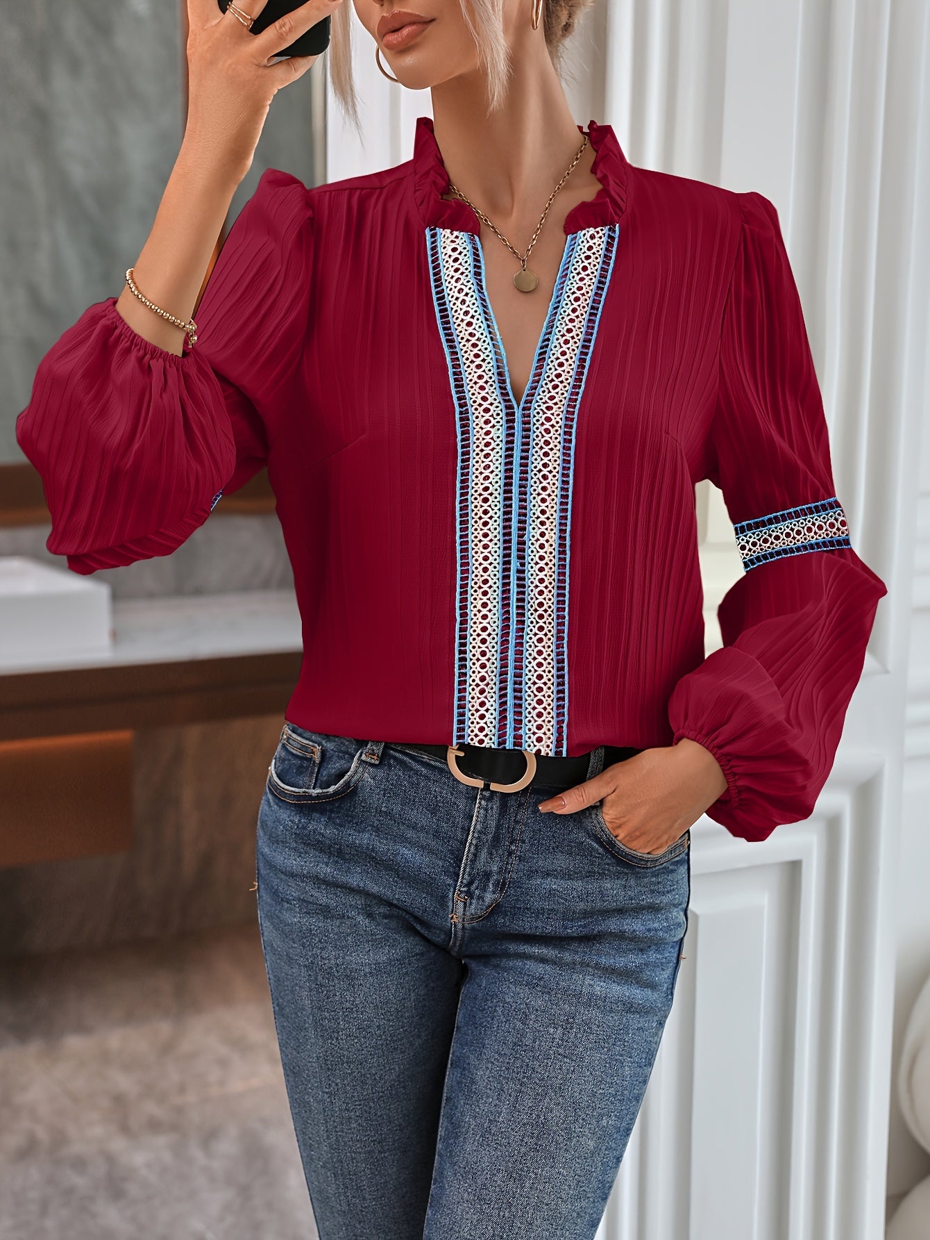 gbolsos Colorful Lace Stitching Blouse, Casual Long Sleeve Blouse For Spring & Fall, Women's Clothing