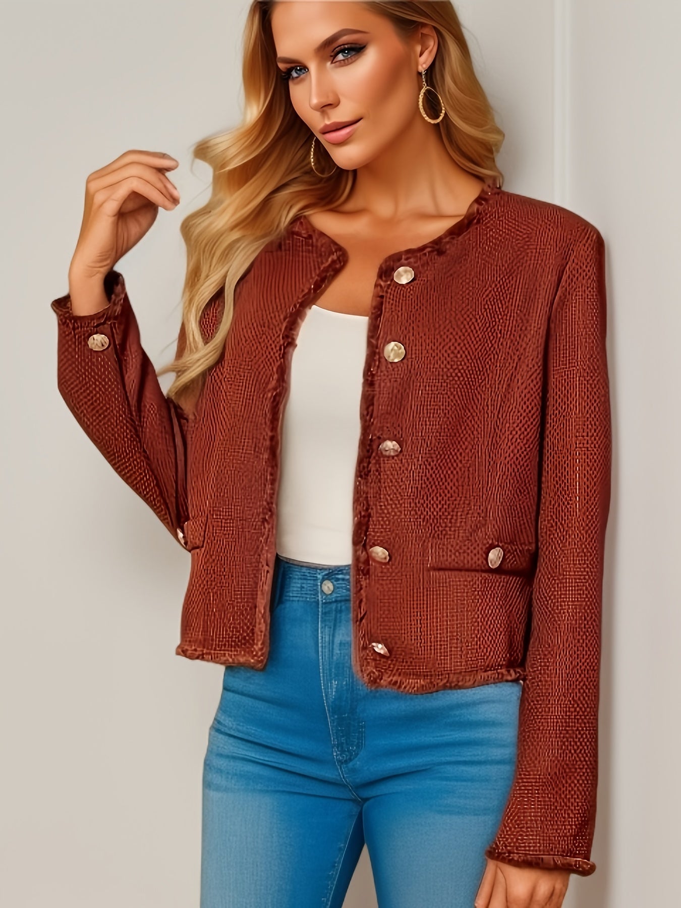 gbolsos Solid Button Front Jacket, Casual Simple Crew Neck Long Sleeve Outerwear, Women's Clothing