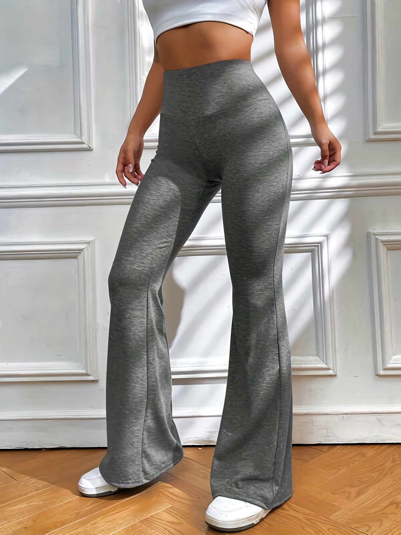 gbolsos Solid Elastic Flare Leg Pants, Casual Loose Pants For Spring & Fall, Women's Clothing