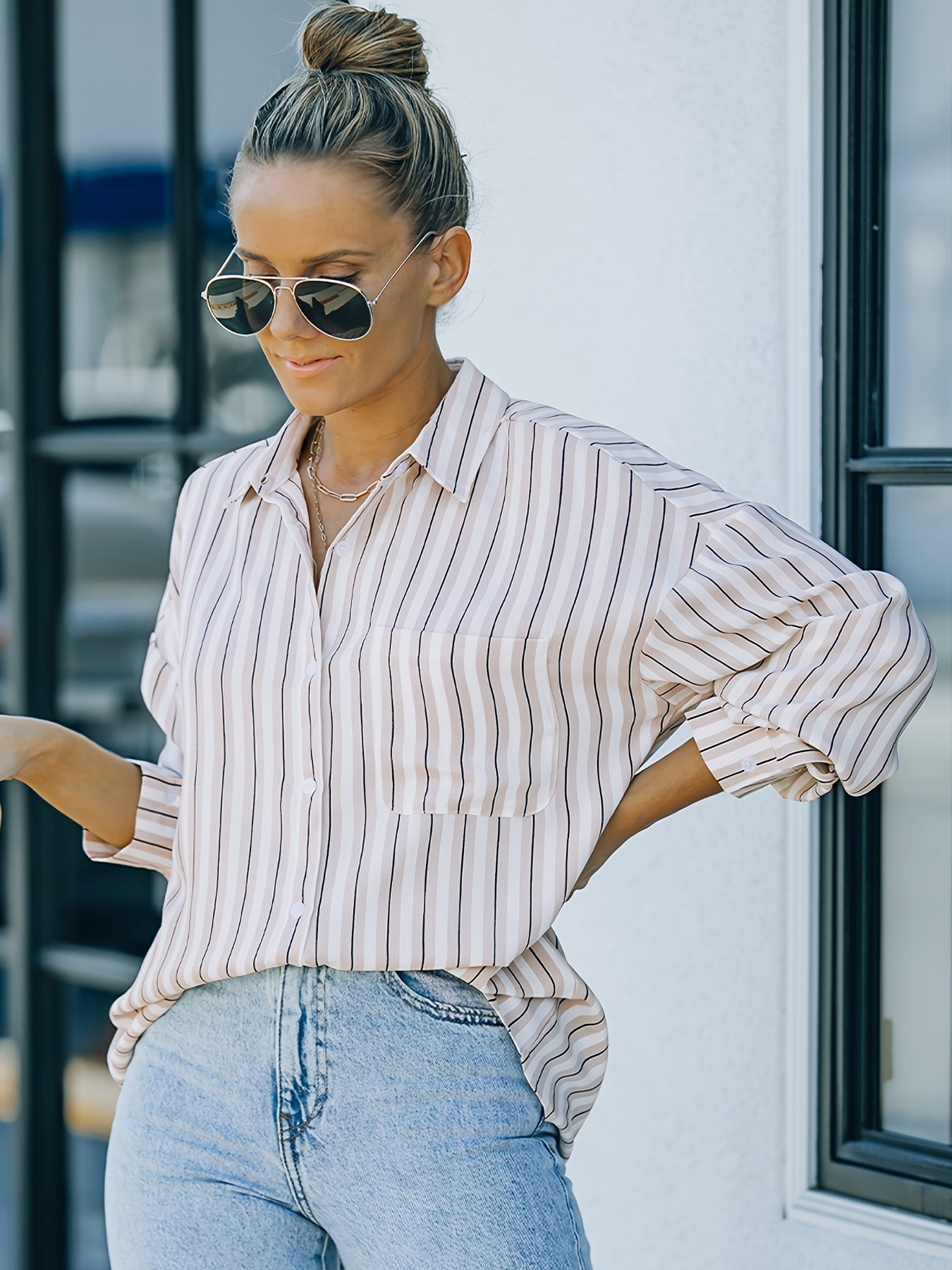 gbolsos Striped Collar Buttons Shirt, Casual Pockets Long Sleeve Drop Shoulder Shirt, Women's Clothing