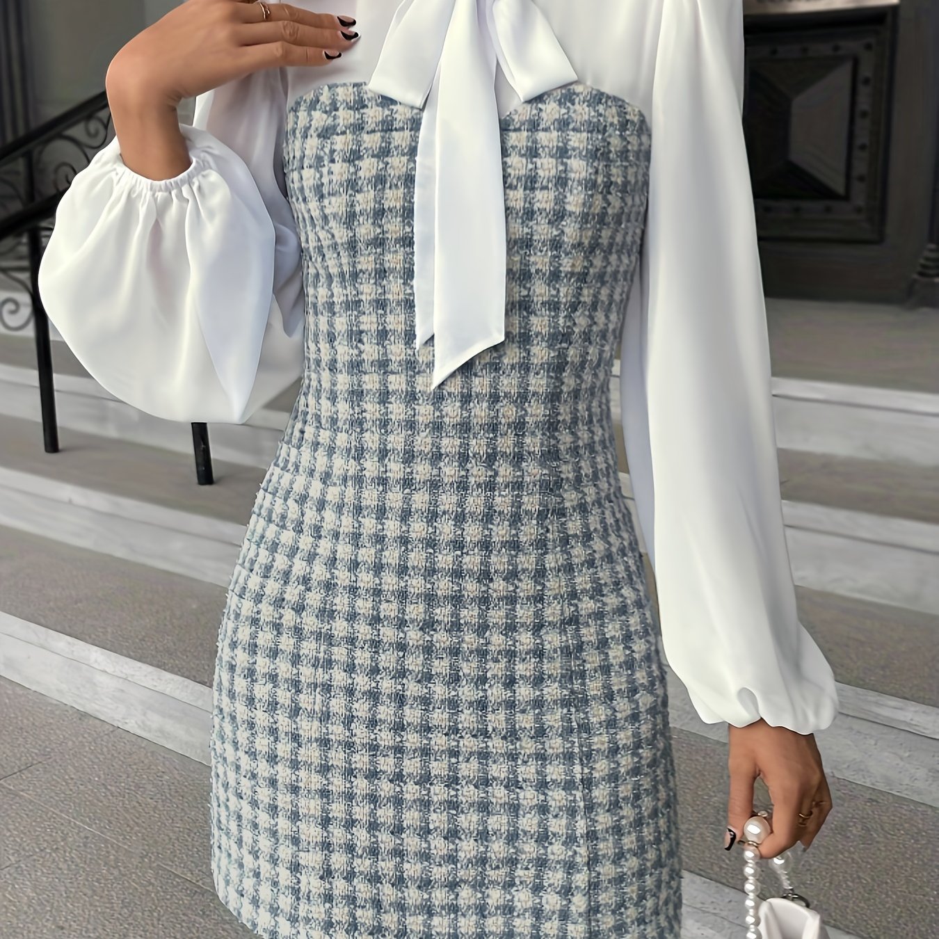 gbolsos Plaid Splicing Tie Neck Dress, Elegant Lantern Long Sleeve Dress, Women's Clothing
