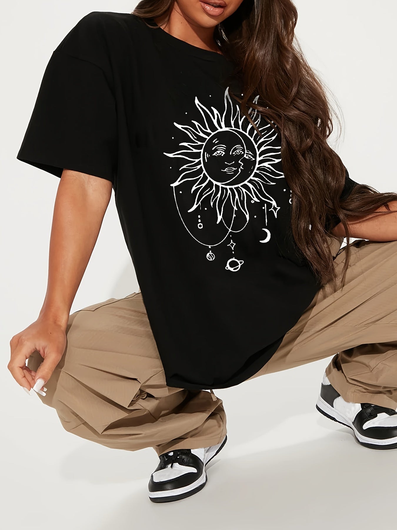 kkboxly Oversized Sun & Moon Print T-Shirt, Casual Drop Shoulder Crew Neck Top For Spring & Summer, Women's Clothing