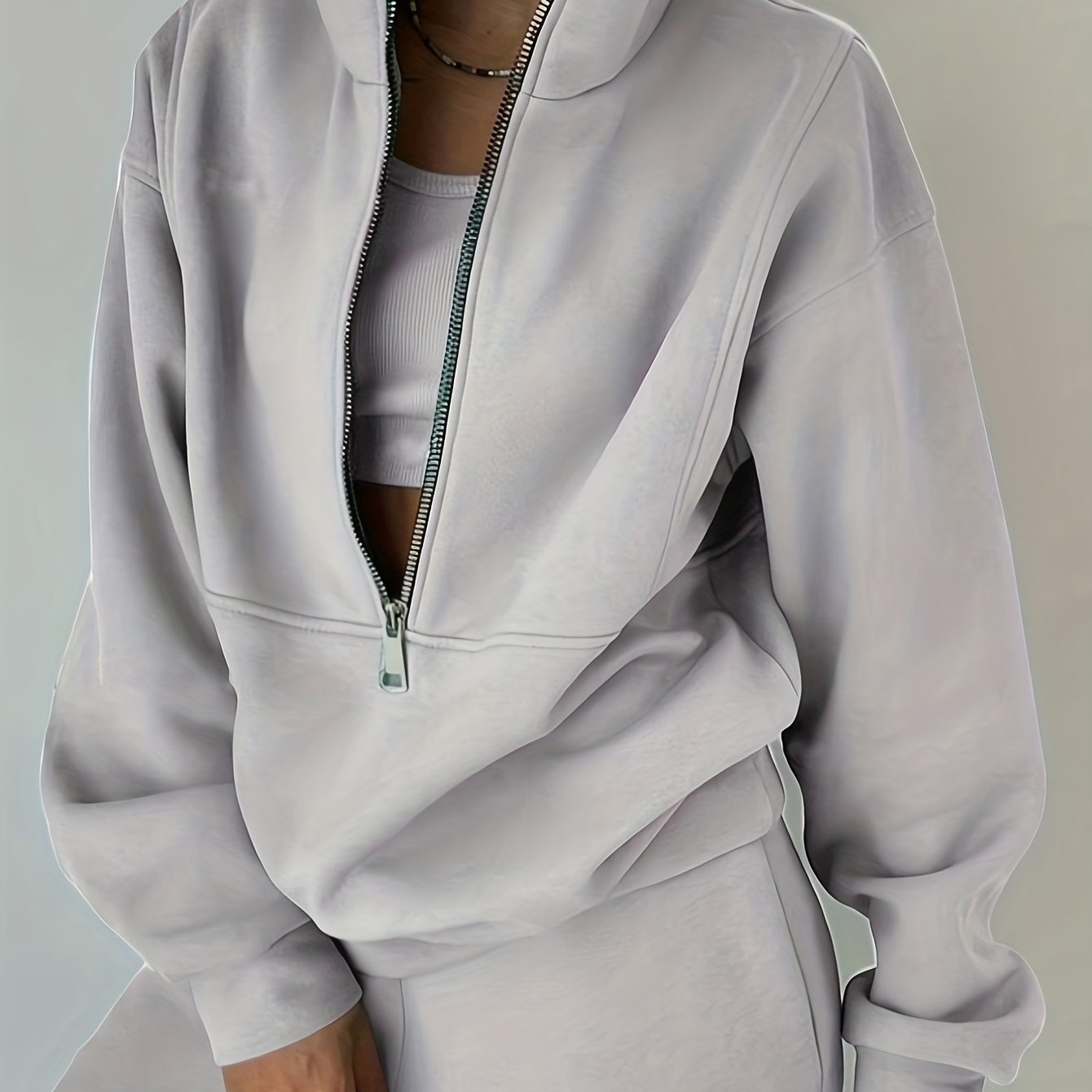 Casual Matching Two-piece Set, Zip Up Sweatshirt & Solid Sweatpants Outfits, Women's Clothing
