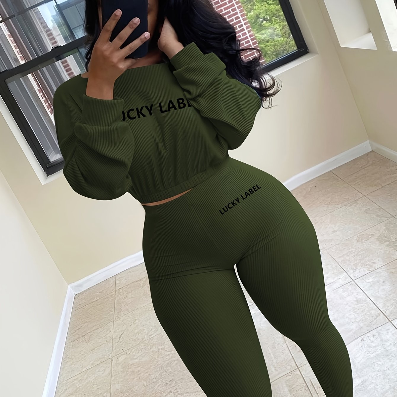 gbolsos Letter Print 2pc Set, Drop Shoulder Crew Neck Sweatshirt & Elastic Waist Jogging Pants Set, Women's Clothing