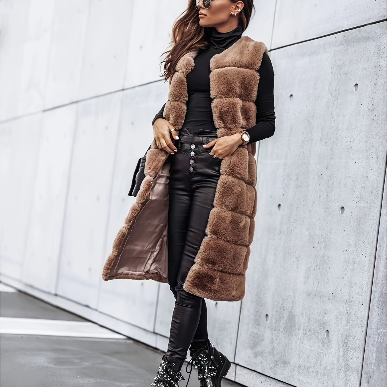 Fuzzy Long Length Warm Vest, Casual Open Front Sleeveless Winter Vest, Women's Clothing