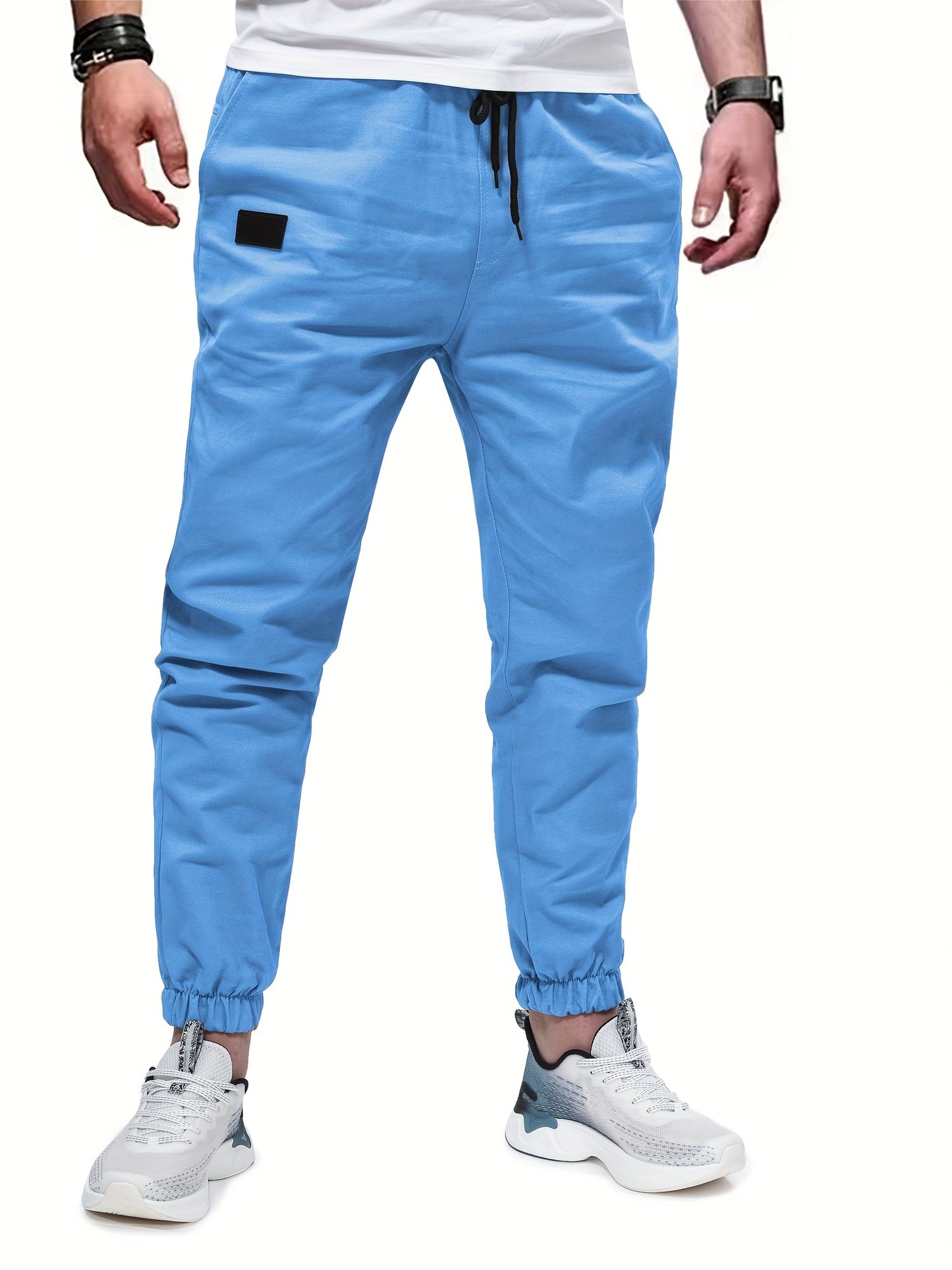 gbolsos Woven Cotton Blend Joggers, Men's Casual Solid Color Slightly Stretch Drawstring Pants For Spring Summer